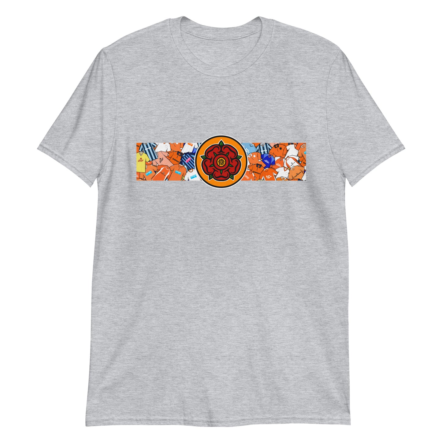 This T-shirt design celebrates Blackpool FC’s proud legacy, blending the club’s iconic tangerine and white with a bold, retro-inspired edge. Featuring classic jersey patterns and a central Lancashire Rose emblem, it pays homage to the passion and tradition of the Bloomfield Road faithful. A perfect fusion of vintage football heritage and contemporary streetwear—designed for true Seasiders supporters