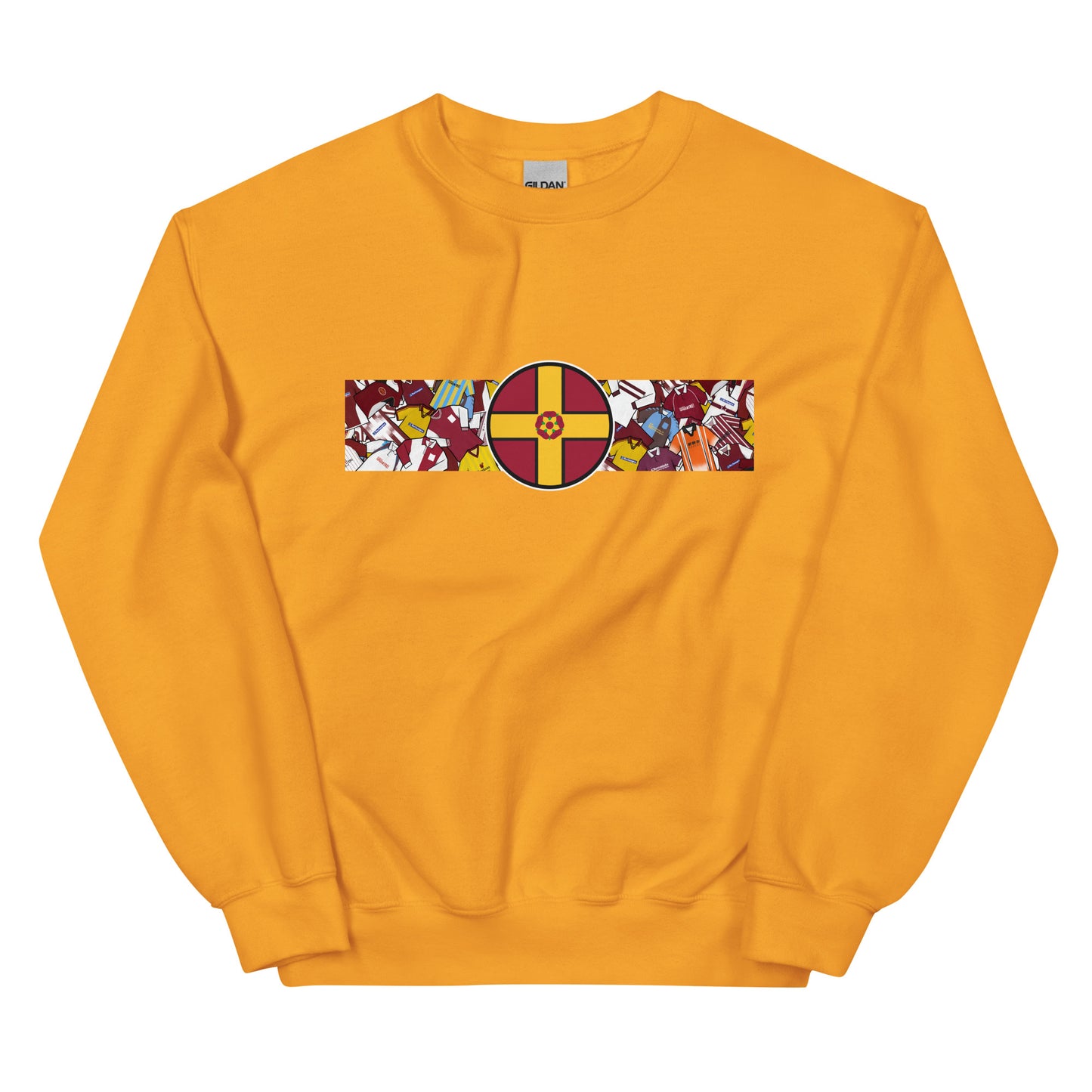 A detailed view of the Northampton Town FC retro sweatshirt featuring a bold Northamptonshire flag and a vintage collage of classic Cobblers football shirts on the front. This stylish design celebrates the proud history and heritage of Northampton Town Football Club. Perfect for match days, casual wear, or as a thoughtful gift for any supporter, this sweatshirt captures true Cobblers pride and timeless football spirit in a classic retro look.