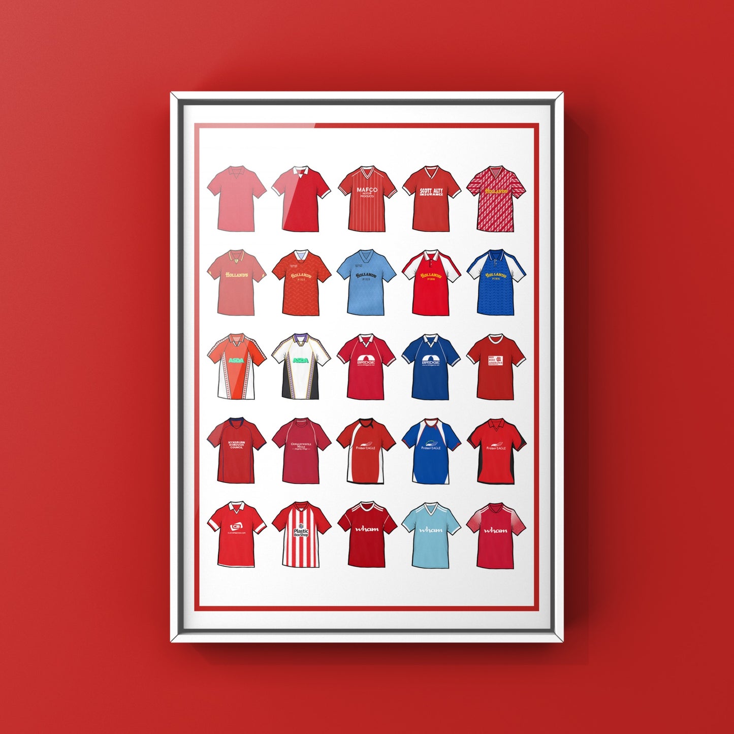 Accrington Stanley Retro Shirts Art Print featuring 25 hand-drawn classic football shirts, showcasing the club’s most iconic kits through the years. A tribute to Stanley’s proud history and resilient footballing journey, captured in detailed, vintage-inspired illustrations