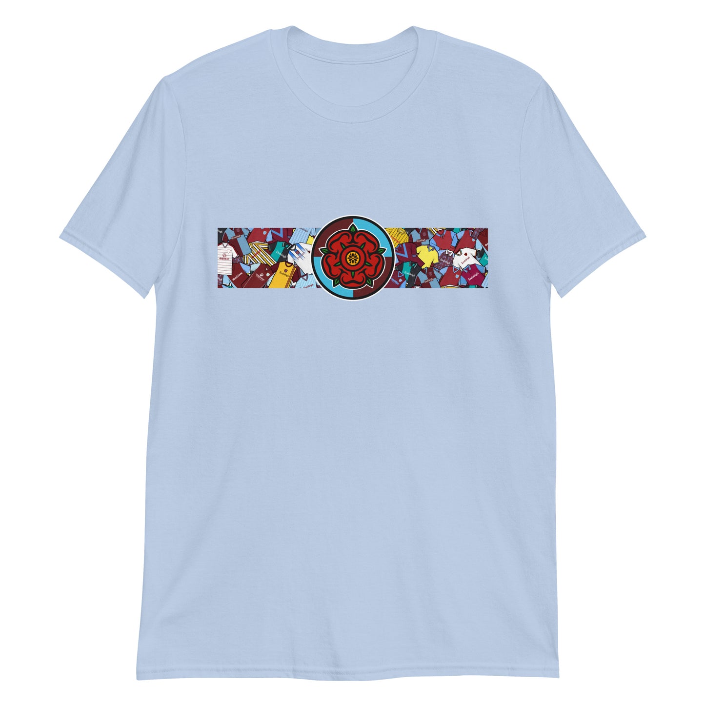This T-shirt design pays tribute to Burnley FC’s rich heritage, blending the club’s iconic claret and blue with a bold, retro-inspired look. Featuring classic jersey patterns and a central Lancashire Rose emblem, it honors the pride and passion of the Turf Moor faithful. A perfect mix of vintage football style and modern streetwear—crafted for true Clarets supporters