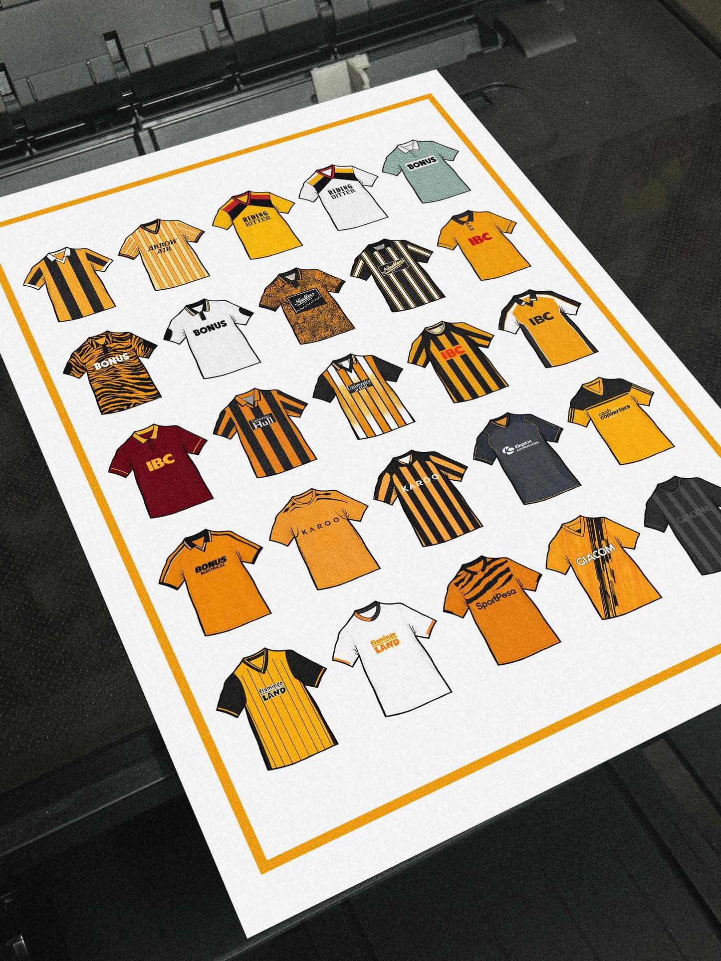 Hull City Retro Shirts Art Print featuring 25 hand-drawn classic football shirts, showcasing the club’s most iconic kits through the years. A celebration of the Tigers’ rich history and evolving style, captured in detailed, vintage-inspired illustrations