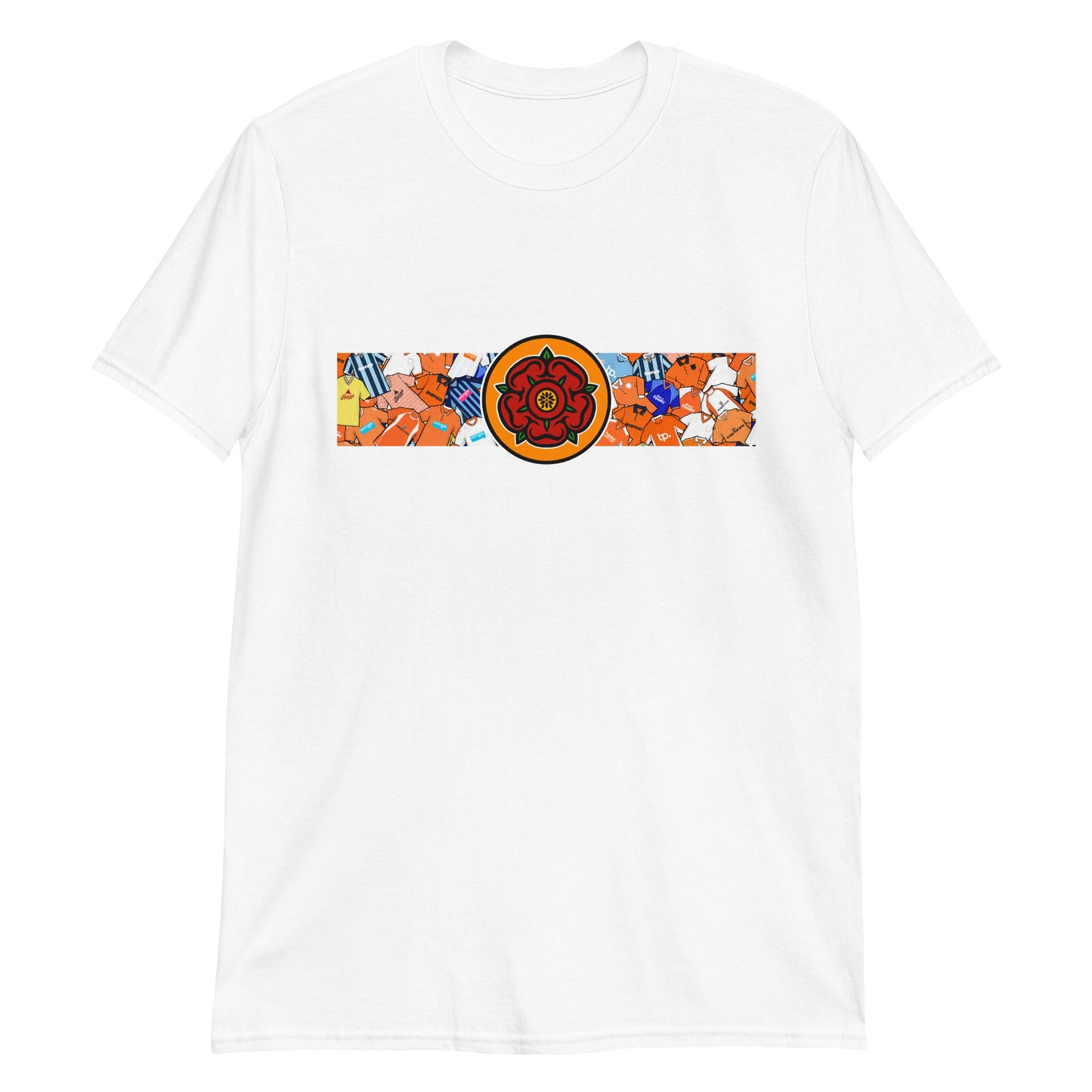 This T-shirt design celebrates Blackpool FC’s proud legacy, blending the club’s iconic tangerine and white with a bold, retro-inspired edge. Featuring classic jersey patterns and a central Lancashire Rose emblem, it pays homage to the passion and tradition of the Bloomfield Road faithful. A perfect fusion of vintage football heritage and contemporary streetwear—designed for true Seasiders supporters