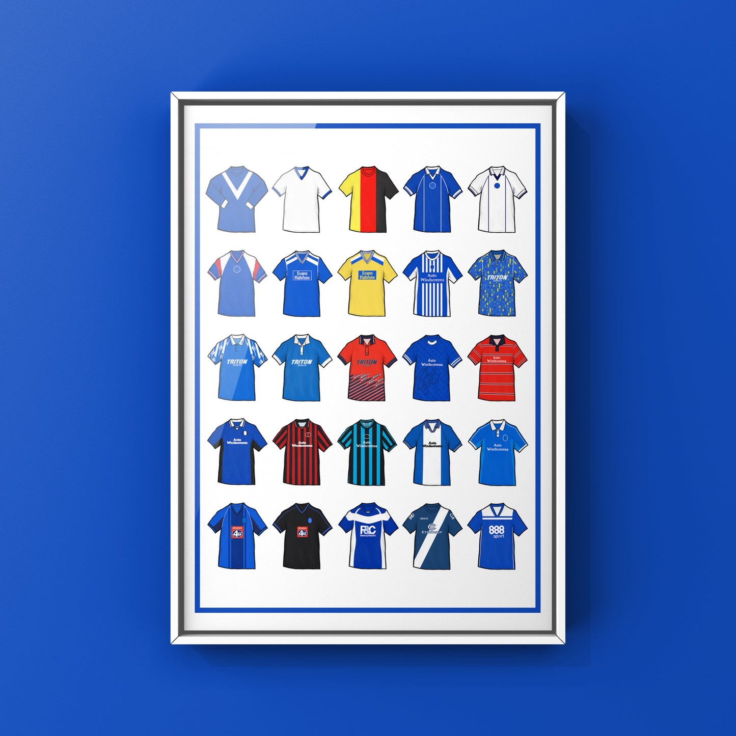 Birmingham City Retro Shirts Art Print featuring 25 hand-drawn classic football shirts, showcasing the club’s most iconic kits through the years. A celebration of the Blues’ rich history and evolving style, captured in detailed, vintage-inspired illustrations
