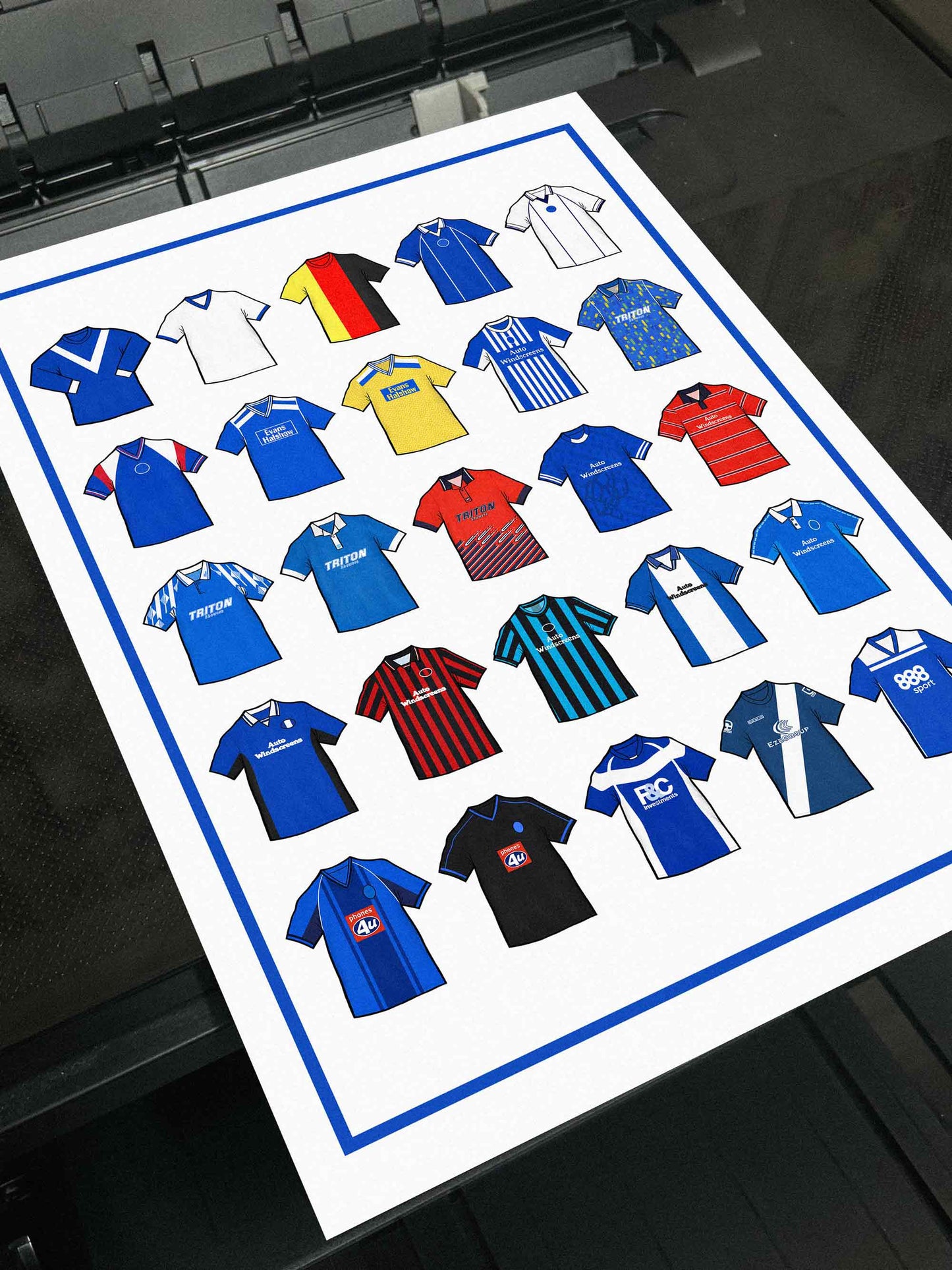 Birmingham City Retro Shirts Art Print featuring 25 hand-drawn classic football shirts, showcasing the club’s most iconic kits through the years. A celebration of the Blues’ rich history and evolving style, captured in detailed, vintage-inspired illustrations
