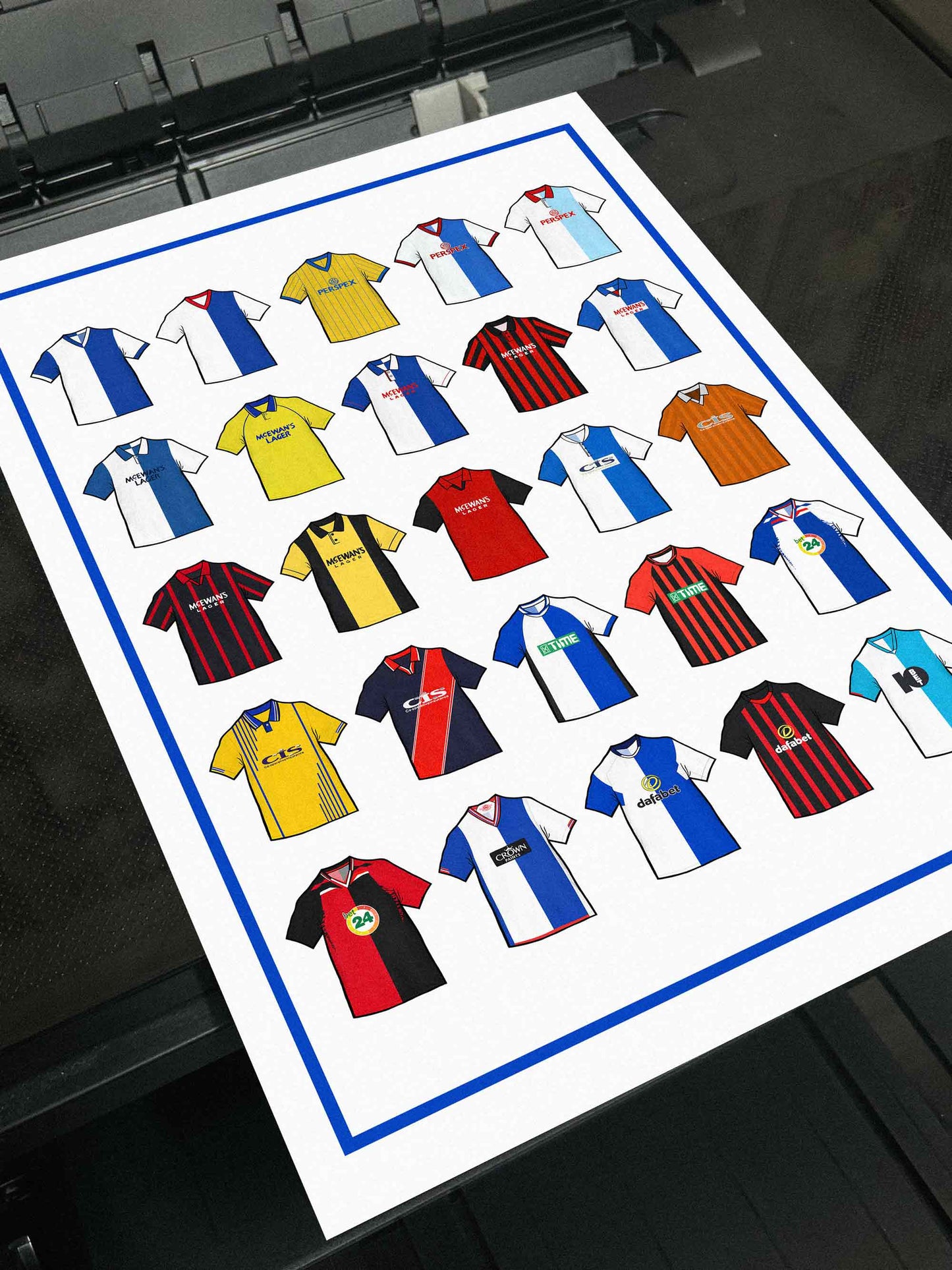 Blackburn Rovers Inspired Retro Shirts Art Print featuring 25 hand-drawn classic football shirts, showcasing the club’s most iconic kits through the years. A celebration of the Rovers’ proud history and evolving style, captured in detailed, vintage-inspired illustrations.