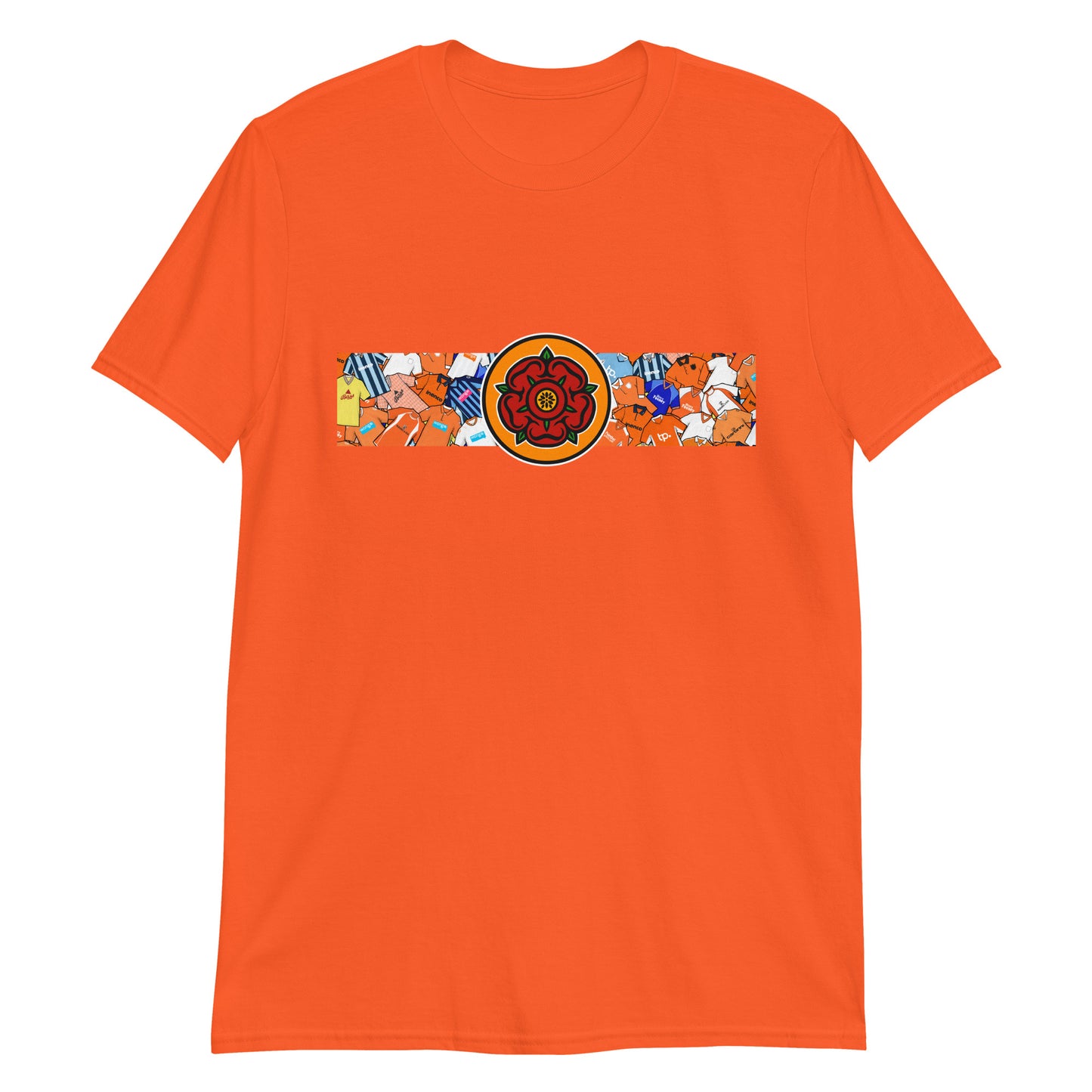 This T-shirt design celebrates Blackpool FC’s proud legacy, blending the club’s iconic tangerine and white with a bold, retro-inspired edge. Featuring classic jersey patterns and a central Lancashire Rose emblem, it pays homage to the passion and tradition of the Bloomfield Road faithful. A perfect fusion of vintage football heritage and contemporary streetwear—designed for true Seasiders supporters