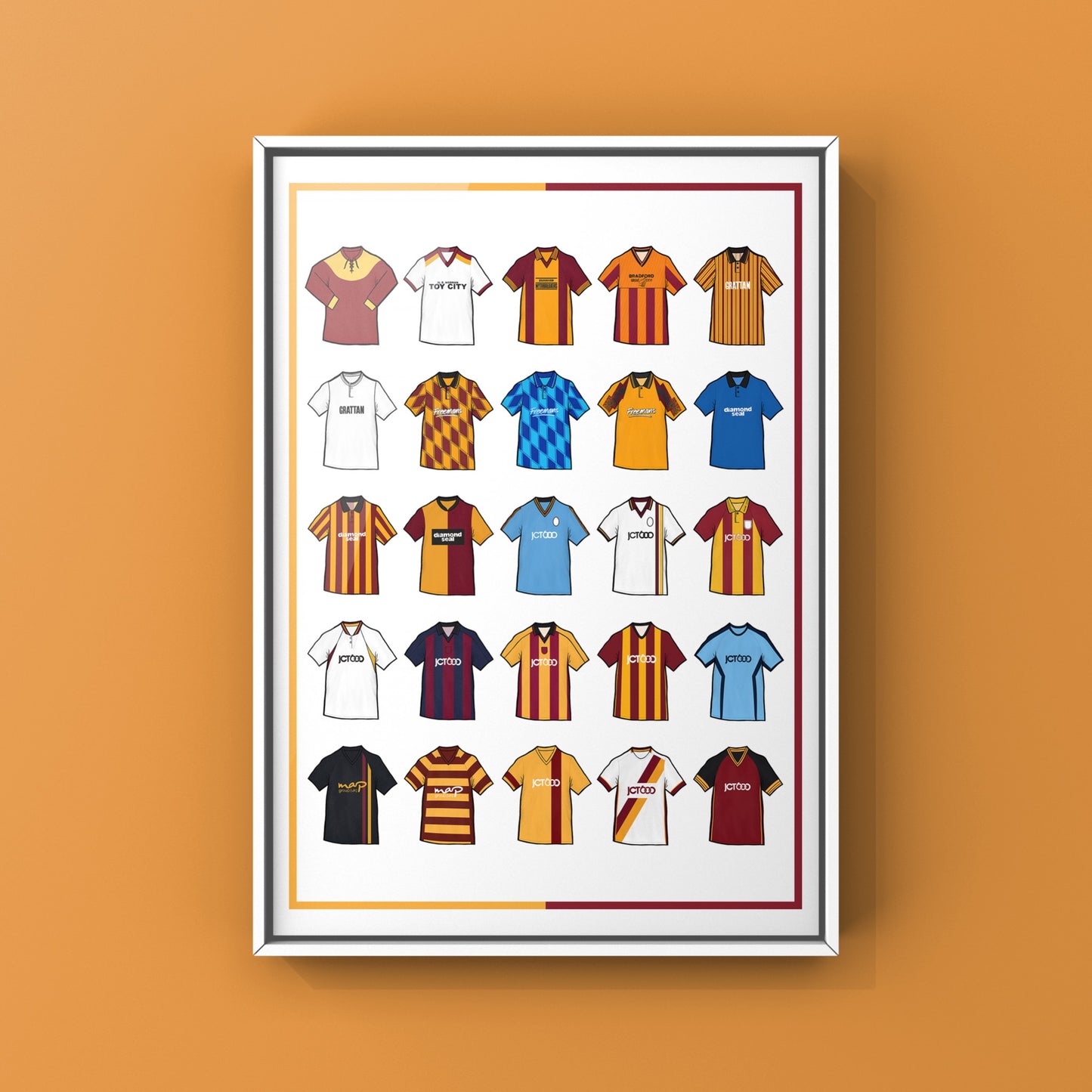 Bradford City Retro Shirts Art Print featuring 25 hand-drawn classic football shirts, showcasing the club’s most iconic kits through the years. A celebration of the Bantams’ rich history and evolving style, captured in detailed, vintage-inspired illustrations