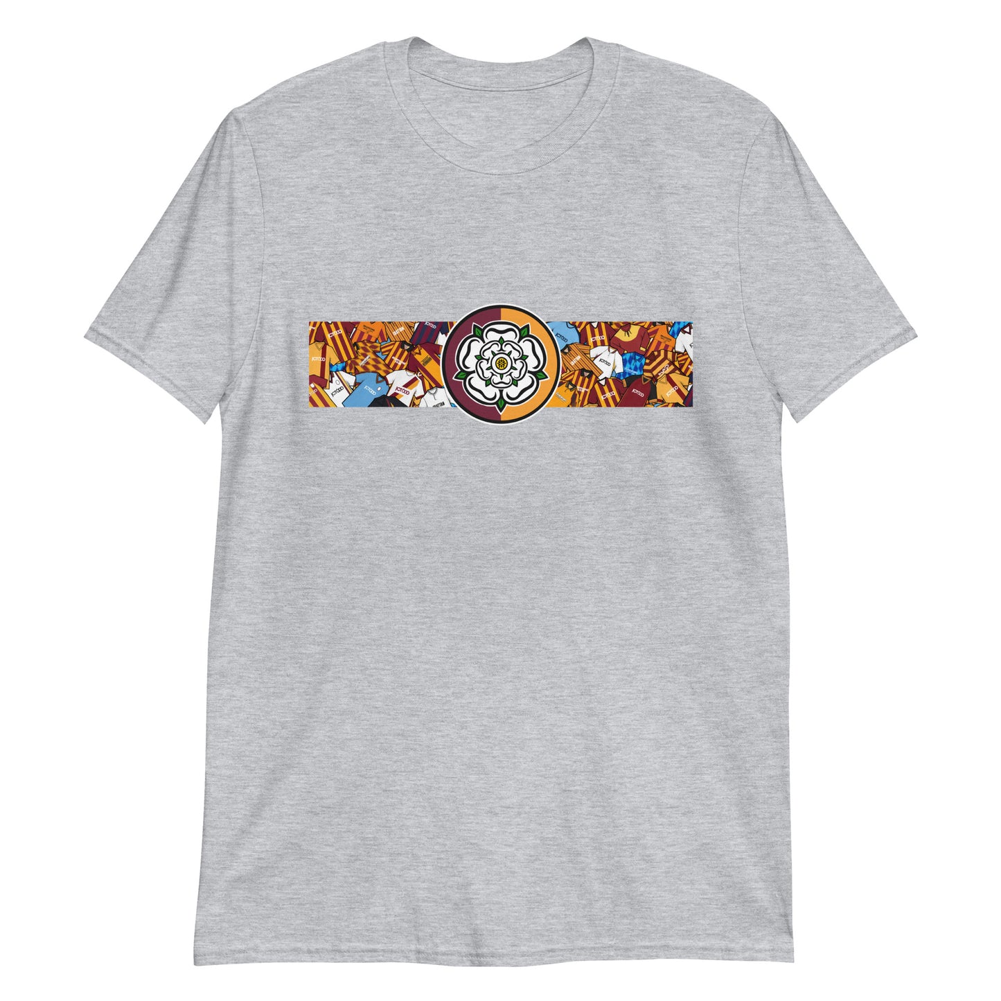 Bradford City FC-inspired retro football t-shirt featuring a bold central Yorkshire rose design. This short-sleeve unisex shirt blends vintage jersey aesthetics with modern comfort, making it perfect for loyal Bantams fans. The artwork is a creative tribute to classic football kits, with a nostalgic nod to Bradford’s heritage and pride in Yorkshire roots. Ideal for match days, casual wear, or gifting to passionate supporters of the club.