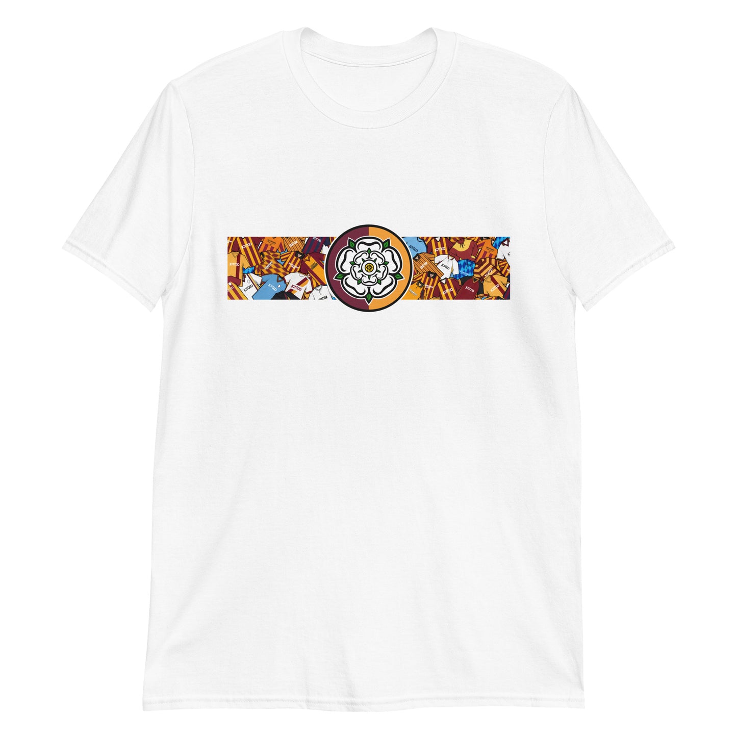 Bradford City FC-inspired retro football t-shirt featuring a bold central Yorkshire rose design. This short-sleeve unisex shirt blends vintage jersey aesthetics with modern comfort, making it perfect for loyal Bantams fans. The artwork is a creative tribute to classic football kits, with a nostalgic nod to Bradford’s heritage and pride in Yorkshire roots. Ideal for match days, casual wear, or gifting to passionate supporters of the club.