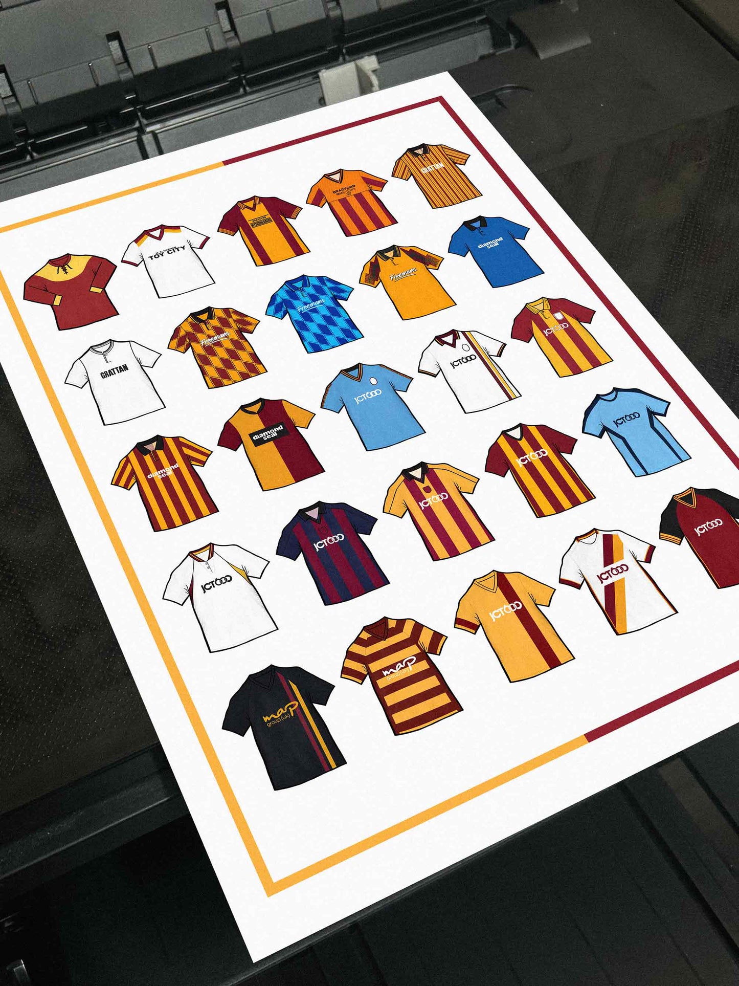 Bradford City Retro Shirts Art Print featuring 25 hand-drawn classic football shirts, showcasing the club’s most iconic kits through the years. A celebration of the Bantams’ rich history and evolving style, captured in detailed, vintage-inspired illustrations