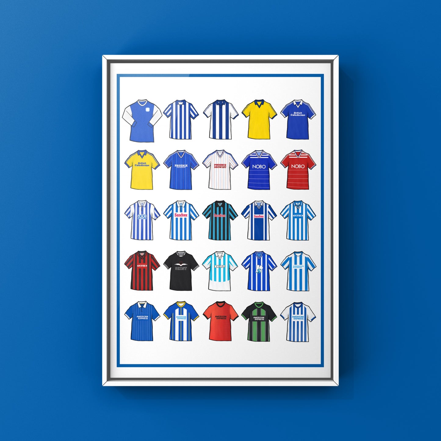 Brighton & Hove Albion Retro Shirts Art Print featuring 25 hand-drawn classic football shirts, showcasing the club’s most iconic kits through the years. A tribute to the Seagulls’ proud history and remarkable footballing journey, captured in detailed, vintage-inspired illustrations
