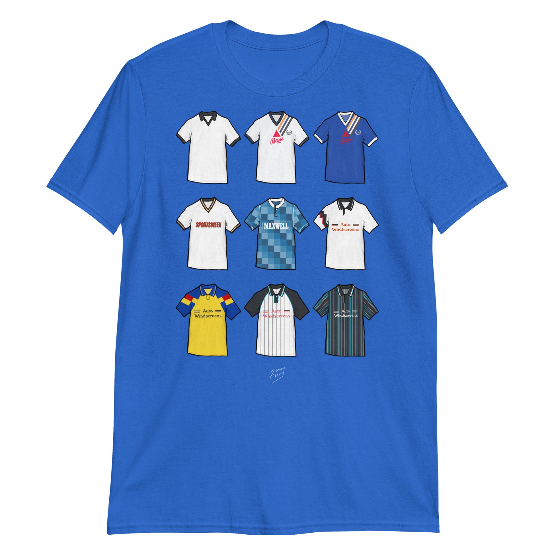 Celebrate your Rams pride with this Derby County FC T-shirt, designed for fans who love classic football style. Featuring detailed artwork showcasing 9 iconic Derby County shirts from the club’s history, this retro-style T-shirt highlights the club’s rich heritage and timeless football culture. Perfect for match days, casual wear, or as a Derby County football gift, it combines vintage-inspired design with modern comfort. Blue