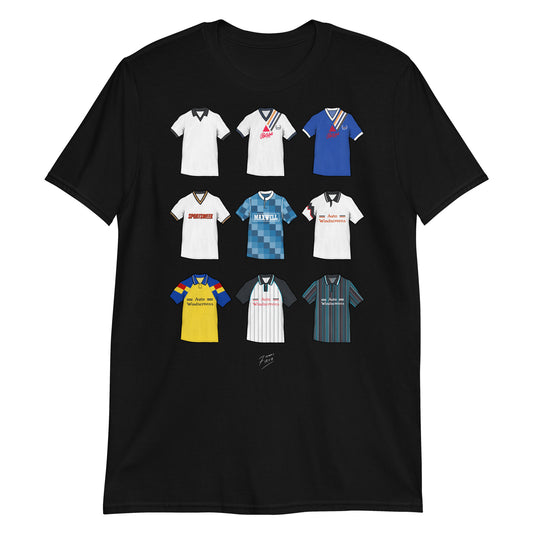 Celebrate your Rams pride with this Derby County FC T-shirt, designed for fans who love classic football style. Featuring detailed artwork showcasing 9 iconic Derby County shirts from the club’s history, this retro-style T-shirt highlights the club’s rich heritage and timeless football culture. Perfect for match days, casual wear, or as a Derby County football gift, it combines vintage-inspired design with modern comfort. A must-have T-shirt for true Derby County fans