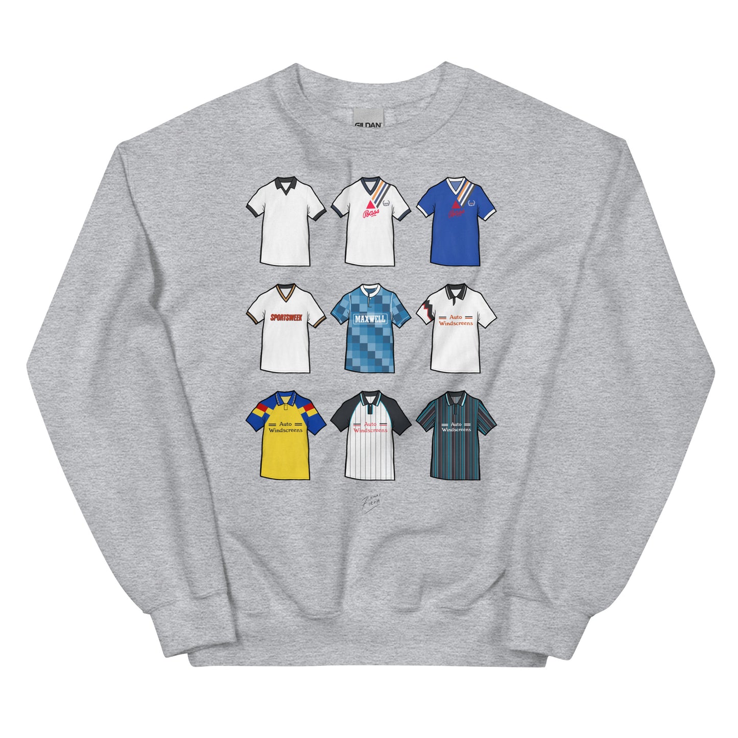 Celebrate your Rams pride with this Derby County FC sweatshirt, designed for fans who love classic football style. Featuring detailed artwork showcasing 9 iconic Derby County shirts from the club’s history, this retro-style sweatshirt highlights the club’s rich heritage and timeless football culture. Perfect for match days, casual wear, or as a Derby County football gift, it combines vintage-inspired design with modern comfort. Grey