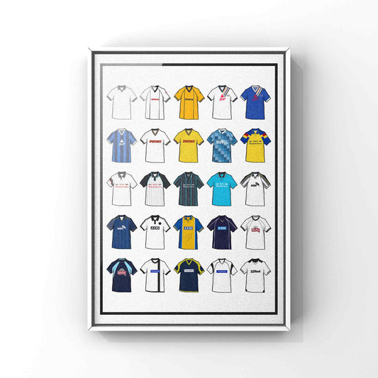 Poster artwork inspired by Derby County FC shirts, featuring a stylized design with bold black and white elements. The piece showcases 25 hand-drawn retro shirts, incorporating vintage jersey patterns and textures that reflect the proud tradition and rich heritage of Derby County Football Club. It blends classic elements with a sharp, contemporary aesthetic, celebrating the enduring spirit of the Rams and the club’s historic legacy at Pride Park and the Baseball Ground.
