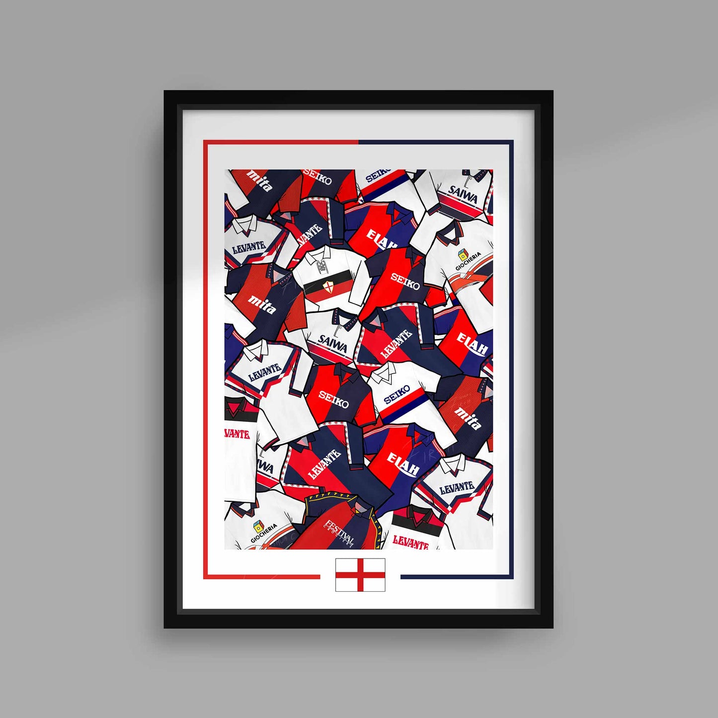 Celebrate Genoa CFC iconic vintage shirts with this poster print artwork. Featuring retro designs that capture the essence of the club's history