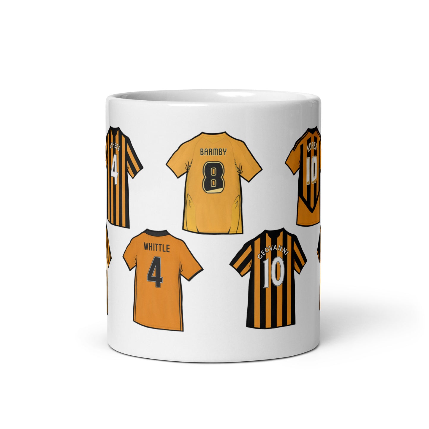 Legends of the Tigers football themed Hull City mug. A mug which celebrates those legends of East Yorkshire. Players such as Ian Ashbee, Nick Barmby, Robert Karen, Justin Whittle, Geovanni & more!