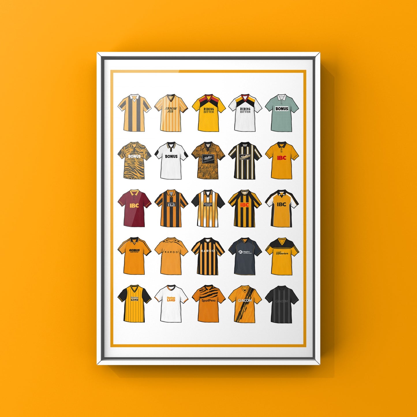 Hull City Retro Shirts Art Print featuring 25 hand-drawn classic football shirts, showcasing the club’s most iconic kits through the years. A celebration of the Tigers’ rich history and evolving style, captured in detailed, vintage-inspired illustrations