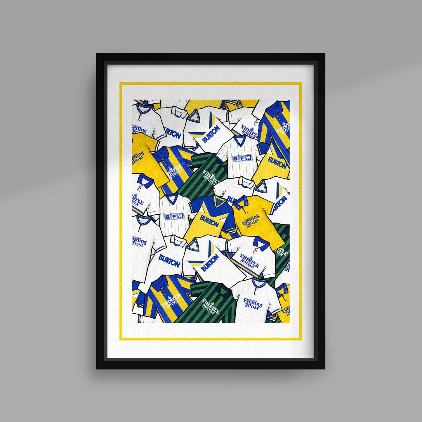 Artwork featuring a collection of classic Leeds United retro shirts, showcasing iconic designs and vintage team colors from different eras of the club's history.