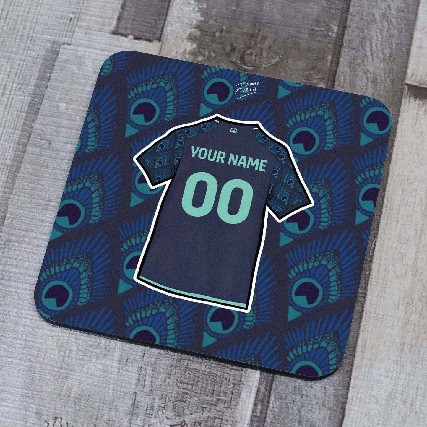 Coaster inspired by the Leeds United away shirt of 2023/24, fully customisable and personalised coaster