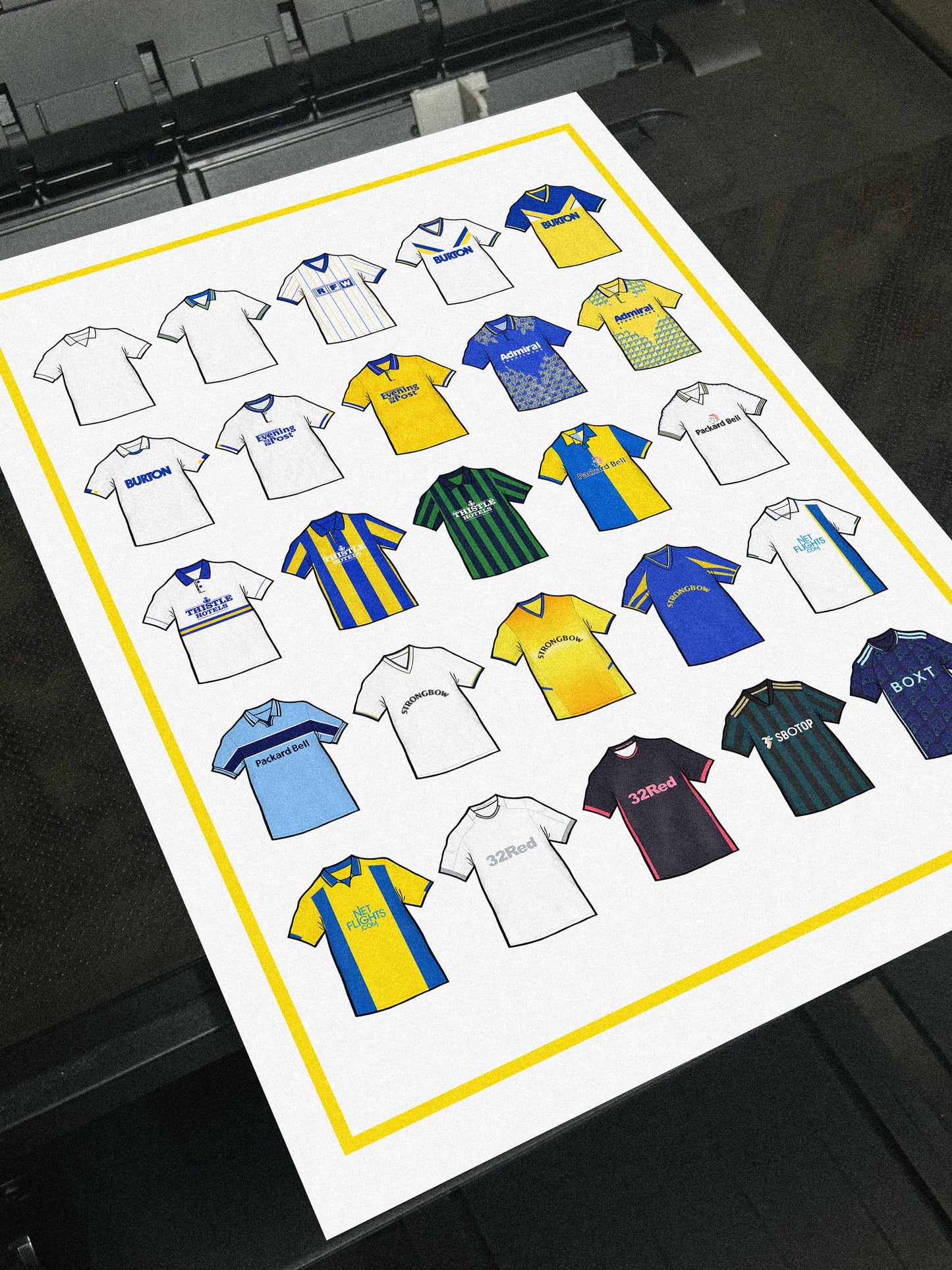 Poster artwork inspired by Leeds United football shirts, featuring a stylized design with bold white, yellow & blue color elements, complemented by subtle blue detailing. The piece incorporates vintage jersey patterns and textures, capturing the proud tradition and storied heritage of Leeds United. It blends classic elements with a sharp, contemporary aesthetic that reflects the enduring spirit of the club and its supporters. Marching on Together!