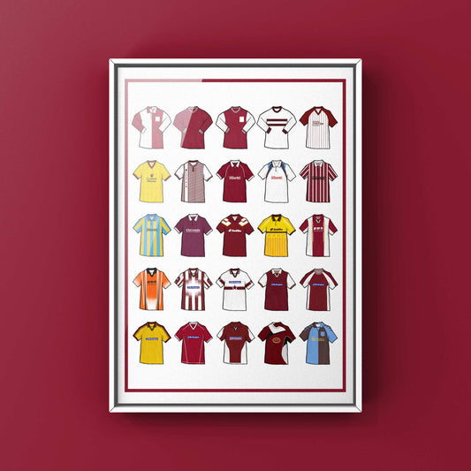 Poster artwork inspired by Northampton Town FC shirts, featuring a stylized design with bold claret and white elements. The piece showcases 25 hand-drawn retro shirts, incorporating vintage jersey patterns and textures that reflect the proud tradition and rich heritage of Northampton Town Football Club. It blends classic elements with a sharp, contemporary aesthetic, celebrating the enduring spirit of the Cobblers and the club’s historic legacy at Sixfields Stadium and the County Ground.