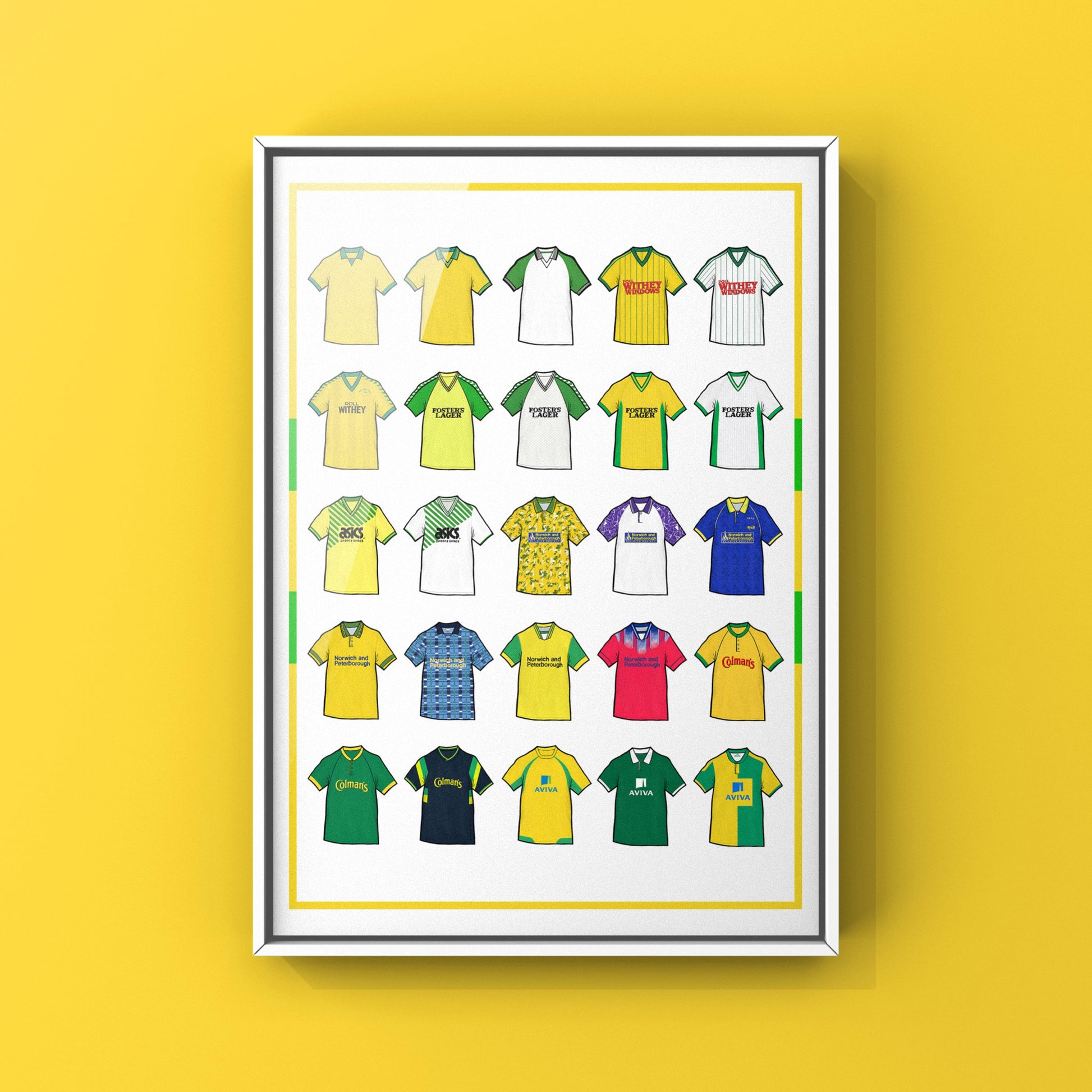 Norwich City Inspired Retro Shirts Art Print featuring 25 hand-drawn classic football shirts, showcasing the club’s most iconic kits through the years. A celebration of the Canaries’ proud history and evolving style, captured in detailed, vintage-inspired illustrations.