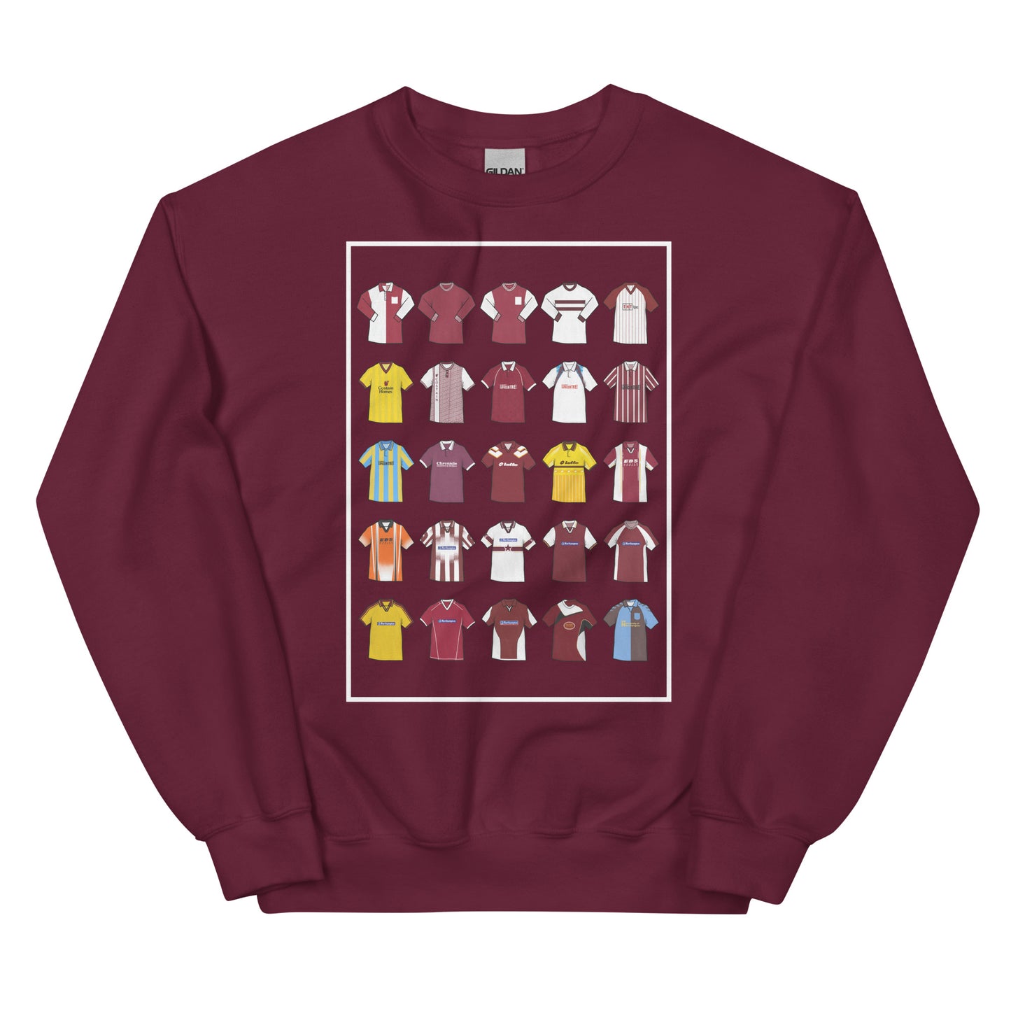 Show your Cobblers pride with this Northampton Town FC sweatshirt, designed for fans of classic football style. Featuring artwork of 25 iconic Northampton Town football shirts, this retro-style sweatshirt celebrates the club’s rich history and heritage. Perfect for match days, casual wear, or as a Northampton Town football gift, it combines vintage design elements with modern comfort. A must-have retro Northampton Town sweatshirt for true supporters who love the club’s legacy and timeless football culture.