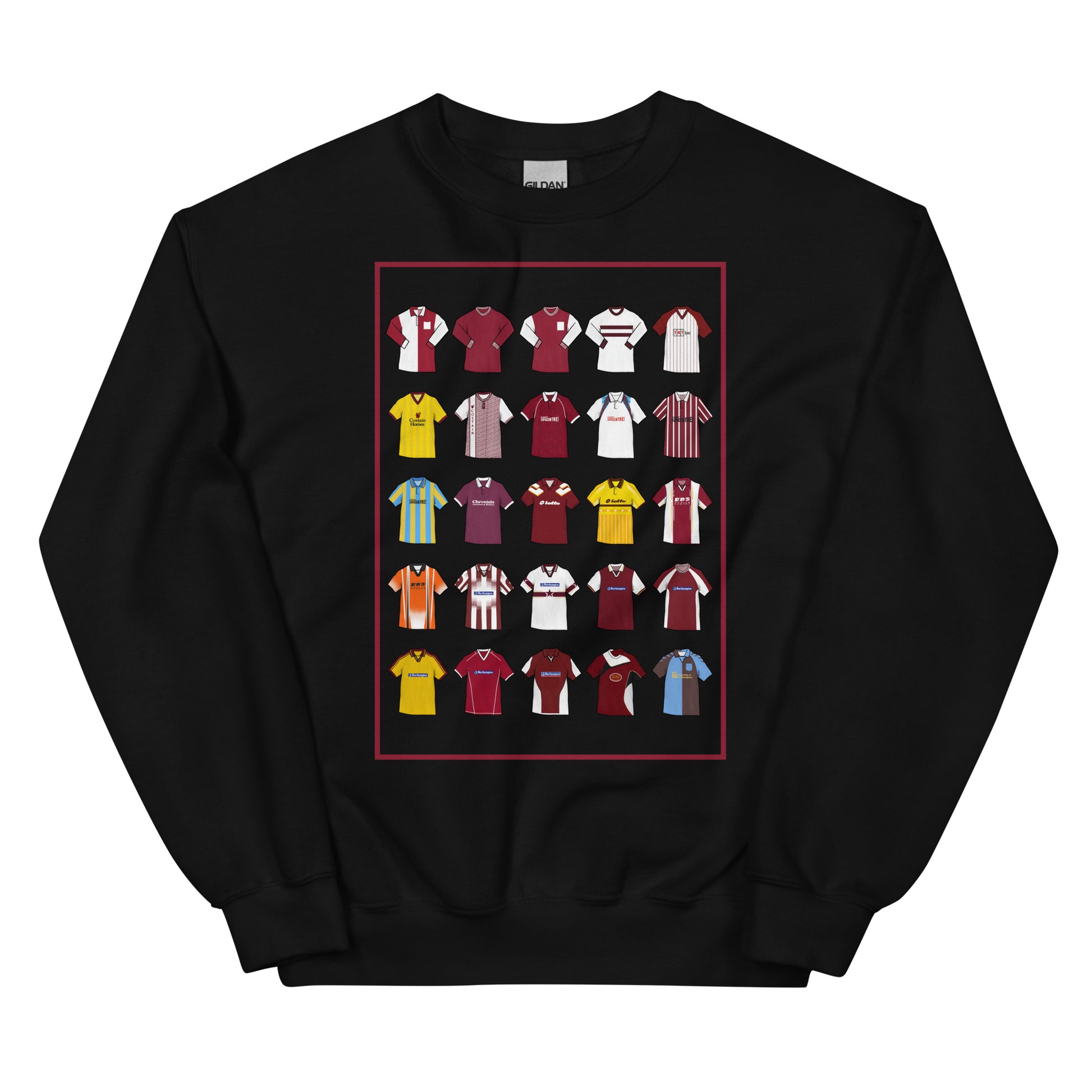 Show your Cobblers pride with this Northampton Town FC sweatshirt, designed for fans of classic football style. Featuring artwork of 25 iconic Northampton Town football shirts, this retro-style sweatshirt celebrates the club’s rich history and heritage. Perfect for match days, casual wear, or as a Northampton Town football gift, it combines vintage design elements with modern comfort. A must-have retro Northampton Town sweatshirt for true supporters who love the club’s legacy and timeless football culture.
