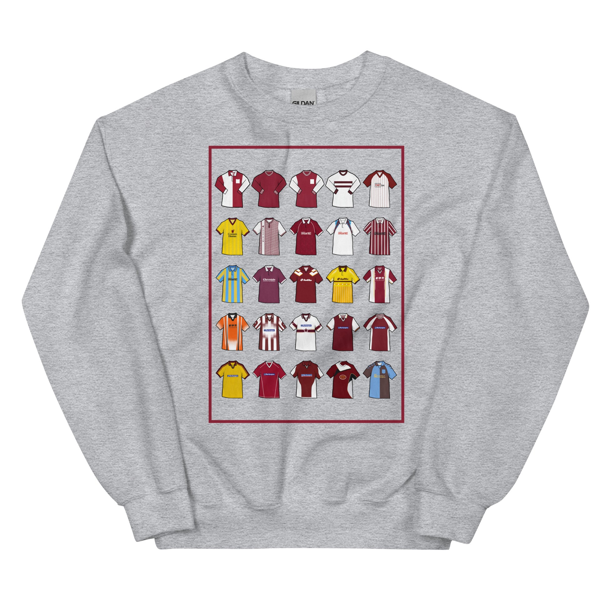 Show your Cobblers pride with this Northampton Town FC sweatshirt, designed for fans of classic football style. Featuring artwork of 25 iconic Northampton Town football shirts, this retro-style sweatshirt celebrates the club’s rich history and heritage. Perfect for match days, casual wear, or as a Northampton Town football gift, it combines vintage design elements with modern comfort. A must-have retro Northampton Town sweatshirt for true supporters who love the club’s legacy and timeless football culture.