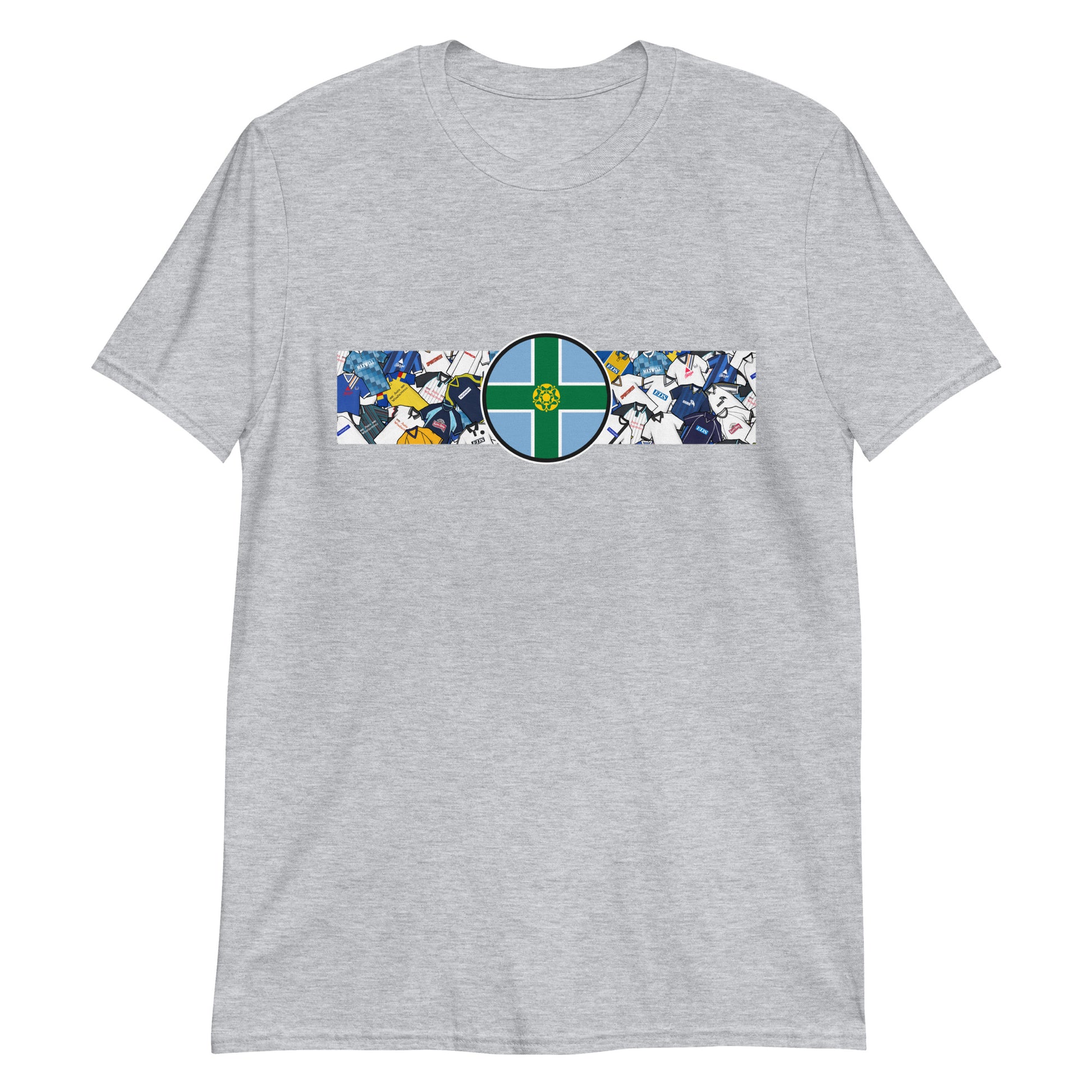 Show your Rams pride with this Derby County FC T-shirt, perfect for fans of Derbyshire football. Featuring a bold Derbyshire flag at the center and a retro collage of Derby County’s iconic football shirts, this vintage-style T-shirt is ideal for match days, casual wear, or as a Derby County football gift. Celebrate the club’s rich heritage, classic black and white style, and timeless Rams football culture with this must-have Derby County T-shirt for true supporters