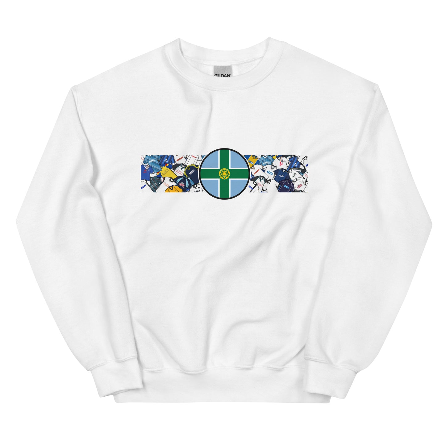 Show your Rams pride with this Derby County FC sweatshirt, perfect for fans of Derbyshire football. Featuring a bold Derbyshire flag at the center and a retro collage of Derby County’s iconic football shirts, this vintage-style sweatshirt is ideal for match days, casual wear, or as a Derby County football gift. Celebrate the club’s rich heritage, classic black and white style, and timeless Rams football culture with this must-have Derby County sweatshirt for true supporters.