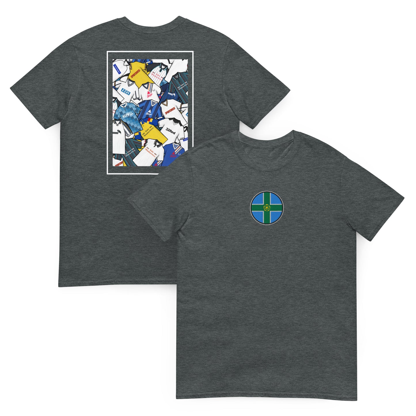 This Derby County FC T-shirt features a striking Derbyshire flag in the center, surrounded by a retro collage of the club’s iconic football shirts. With bold black and white colours and vintage jersey patterns, it’s designed for Rams fans who love classic football style. The textured details and premium soft feel make it perfect for match days, casual wear, or as a Derby County football gift. Celebrate the club’s proud heritage and lasting legacy with this must-have retro Derby County T-shirt for true fans