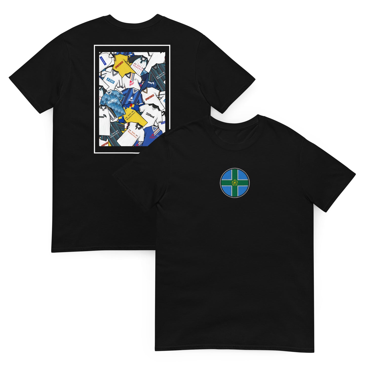 This Derby County FC T-shirt features a striking Derbyshire flag in the center, surrounded by a retro collage of the club’s iconic football shirts. With bold black and white colours and vintage jersey patterns, it’s designed for Rams fans who love classic football style. The textured details and premium soft feel make it perfect for match days, casual wear, or as a Derby County football gift. Celebrate the club’s proud heritage and lasting legacy with this must-have retro Derby County T-shirt for true fans