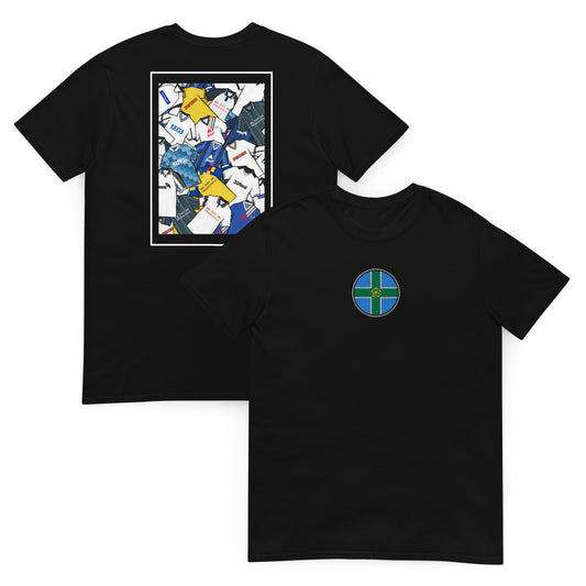 This Derby County FC T-shirt features a striking Derbyshire flag in the center, surrounded by a retro collage of the club’s iconic football shirts. With bold black and white colours and vintage jersey patterns, it’s designed for Rams fans who love classic football style. The textured details and premium soft feel make it perfect for match days, casual wear, or as a Derby County football gift. Celebrate the club’s proud heritage and lasting legacy with this must-have retro Derby County T-shirt for true fans