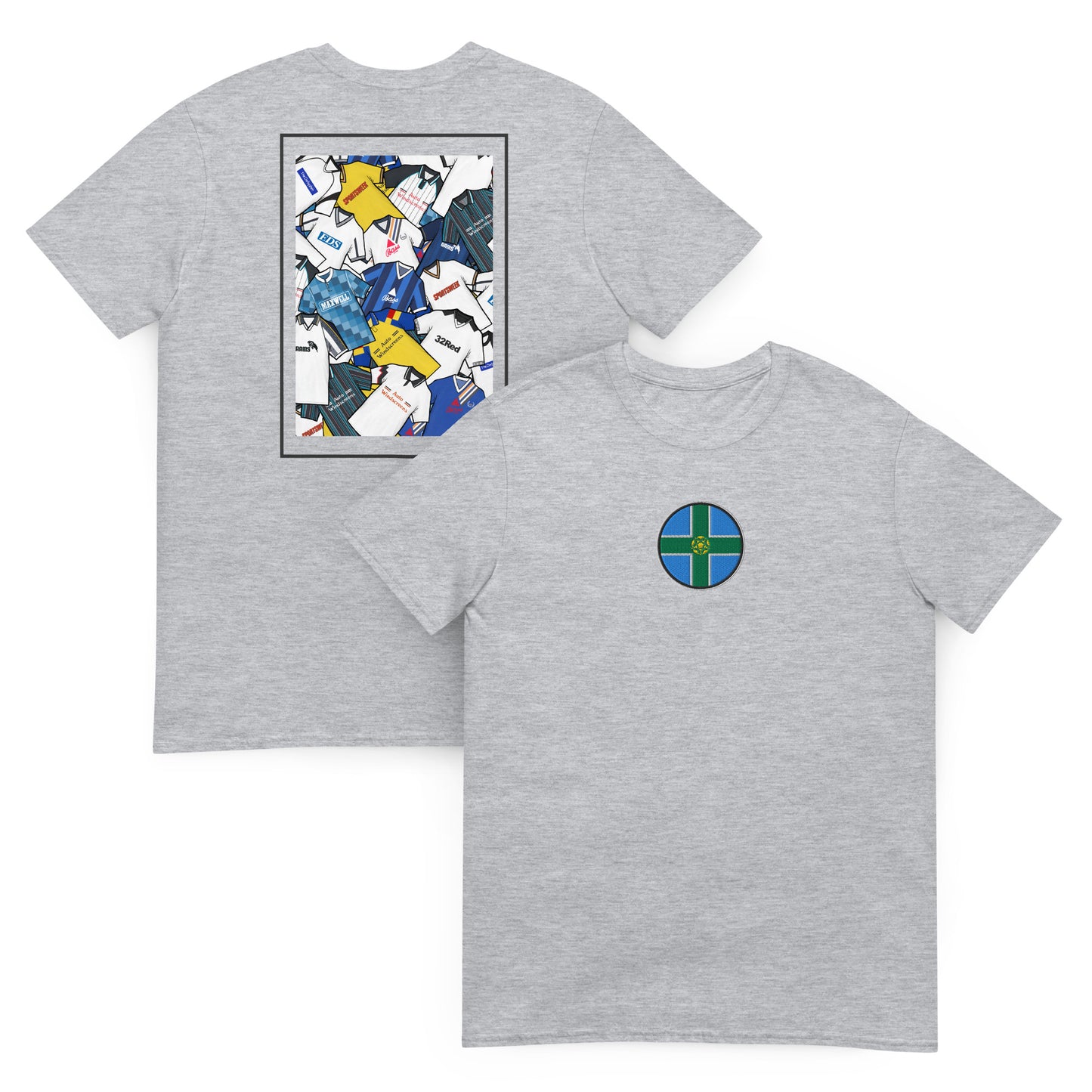 This Derby County FC T-shirt features a striking Derbyshire flag in the center, surrounded by a retro collage of the club’s iconic football shirts. With bold black and white colours and vintage jersey patterns, it’s designed for Rams fans who love classic football style. The textured details and premium soft feel make it perfect for match days, casual wear, or as a Derby County football gift. Celebrate the club’s proud heritage and lasting legacy with this must-have retro Derby County T-shirt for true fans