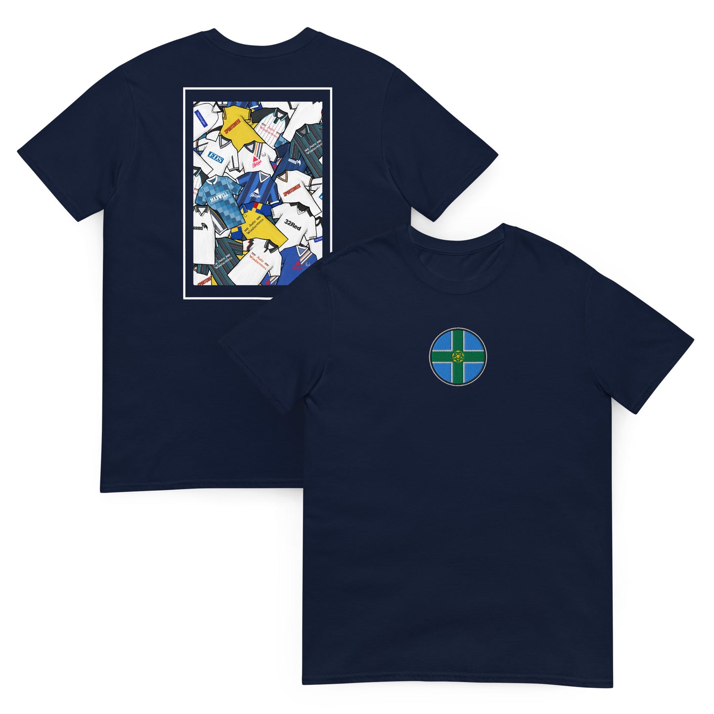 This Derby County FC T-shirt features a striking Derbyshire flag in the center, surrounded by a retro collage of the club’s iconic football shirts. With bold black and white colours and vintage jersey patterns, it’s designed for Rams fans who love classic football style. The textured details and premium soft feel make it perfect for match days, casual wear, or as a Derby County football gift. Celebrate the club’s proud heritage and lasting legacy with this must-have retro Derby County T-shirt Product mockup