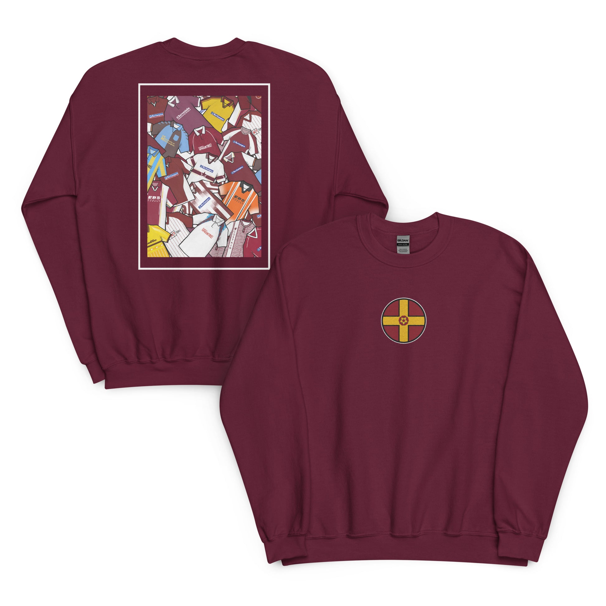 This Northampton Town FC sweatshirt features an embroidered Northamptonshire flag on the front, with a retro collage of the club’s classic shirts on the back. Designed for Cobblers fans who love vintage football style, it’s perfect for match days, casual wear, or as a Northampton Town football gift. Celebrate the club’s proud heritage and show your Cobblers pride with this must-have retro Northampton Town sweatshirt for true supporters.