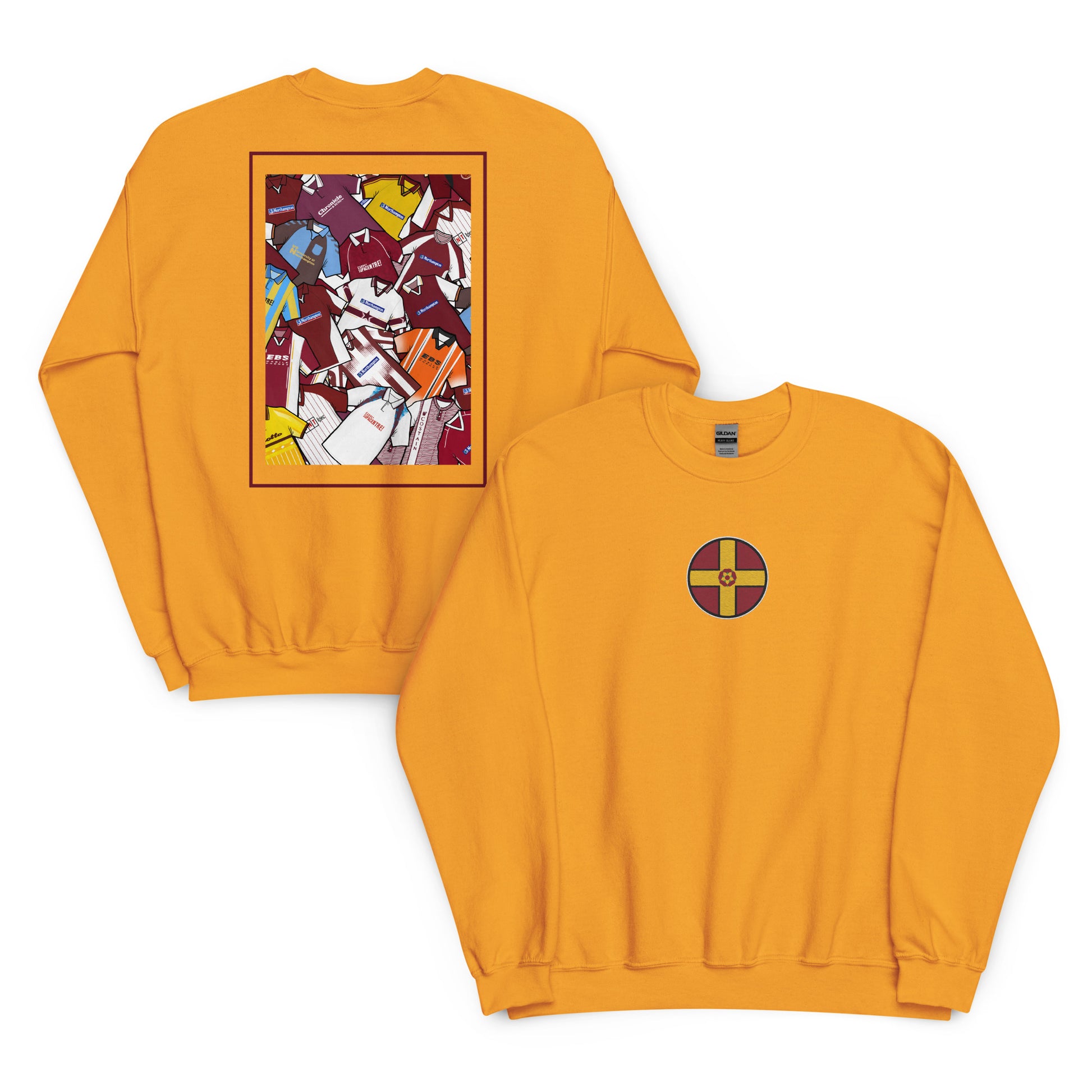 This Northampton Town FC sweatshirt features an embroidered Northamptonshire flag on the front, with a retro collage of the club’s classic shirts on the back. Designed for Cobblers fans who love vintage football style, it’s perfect for match days, casual wear, or as a Northampton Town football gift. Celebrate the club’s proud heritage and show your Cobblers pride with this must-have retro Northampton Town sweatshirt for true supporters.