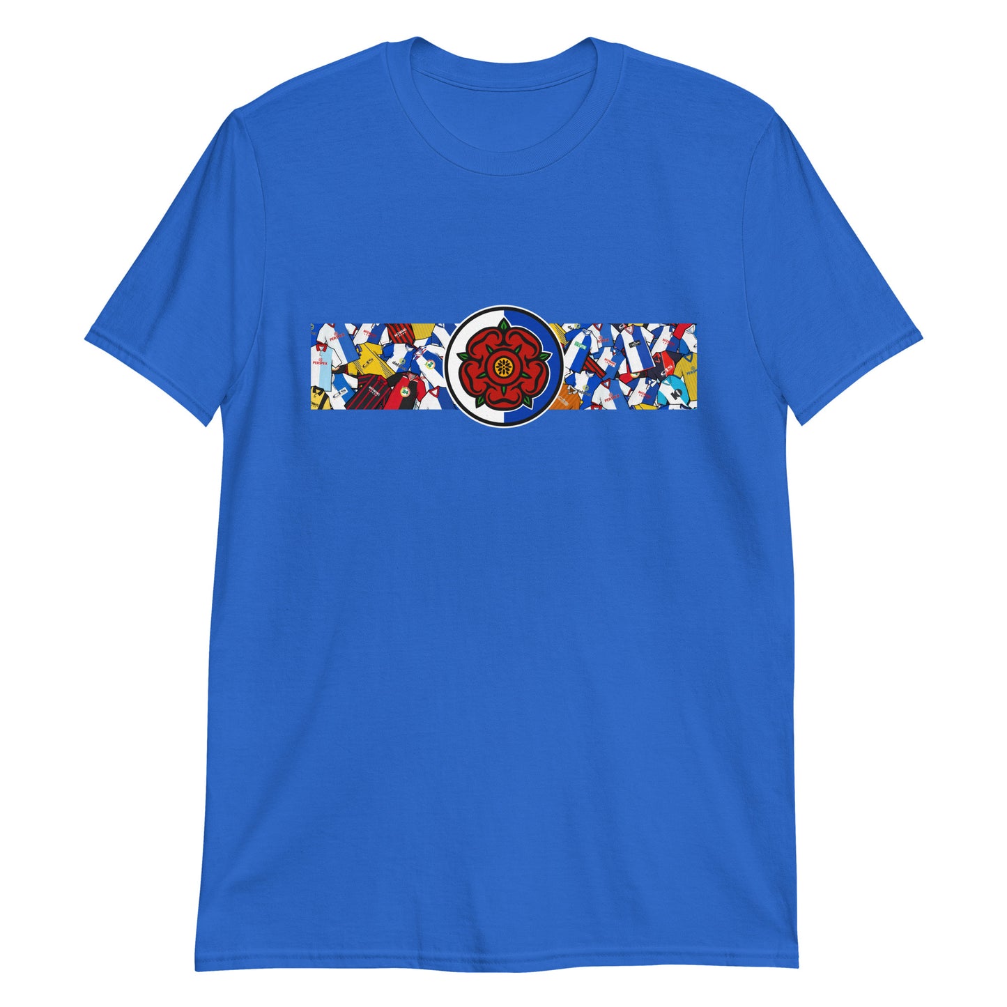 This T-shirt design celebrates Blackburn Rovers’ rich football heritage, combining the club’s iconic blue and white halves with a bold, retro-inspired aesthetic. Featuring classic kit patterns and a central Red Rose of Lancashire emblem, it honors the deep-rooted pride and tradition of the Ewood Park faithful. A perfect blend of vintage football culture and modern streetwear—crafted for true Rovers supporters
