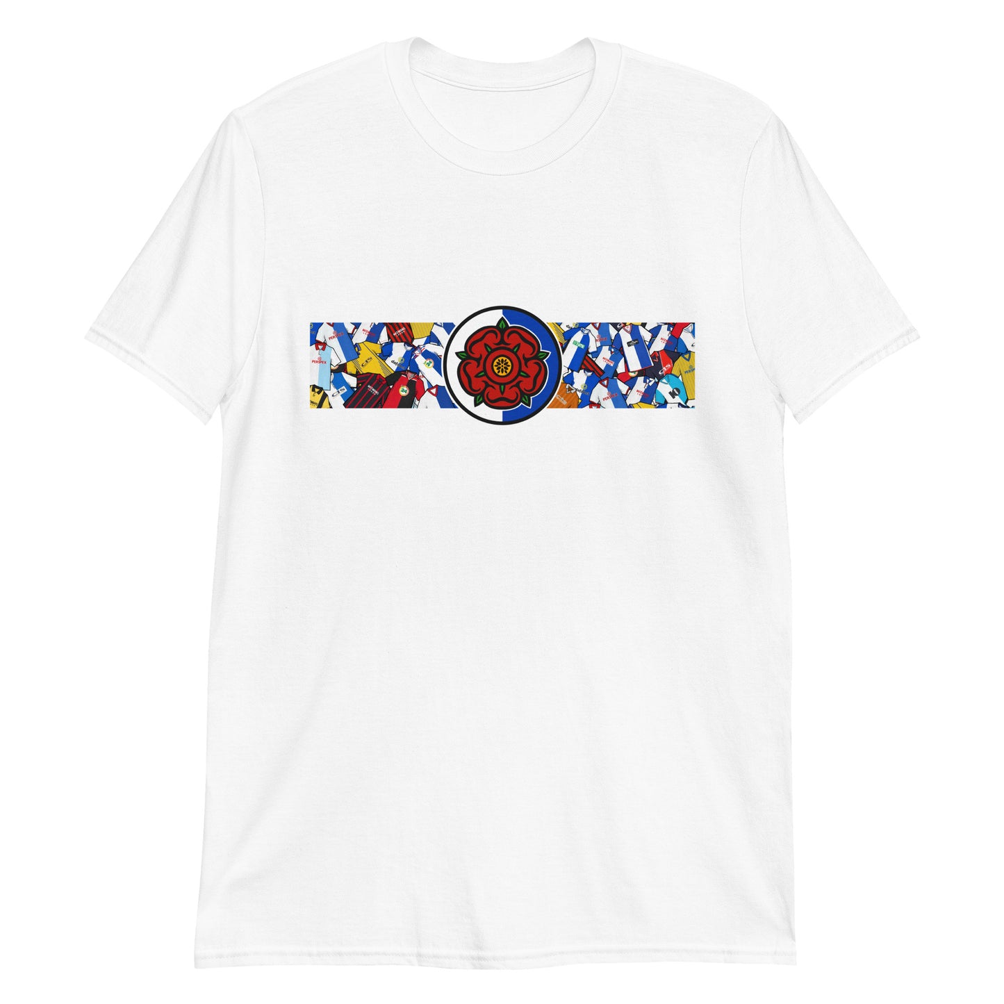 This T-shirt design celebrates Blackburn Rovers’ rich football heritage, combining the club’s iconic blue and white halves with a bold, retro-inspired aesthetic. Featuring classic kit patterns and a central Red Rose of Lancashire emblem, it honors the deep-rooted pride and tradition of the Ewood Park faithful. A perfect blend of vintage football culture and modern streetwear—crafted for true Rovers supporters