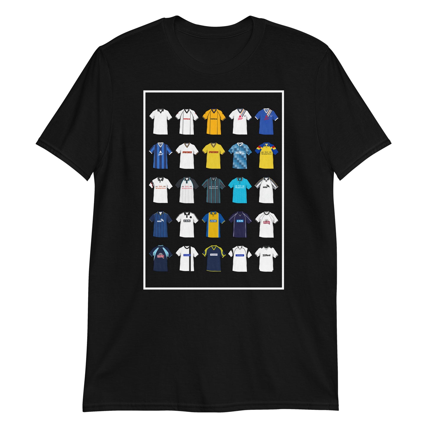 This T-shirt design draws inspiration from Derby County FC’s iconic football shirts, featuring bold black and white elements with a modern twist. With vintage jersey patterns and textured details, it pays tribute to the Rams’ proud heritage and lasting legacy. A perfect blend of classic football culture and fresh, contemporary style—made for true Derby County fans.