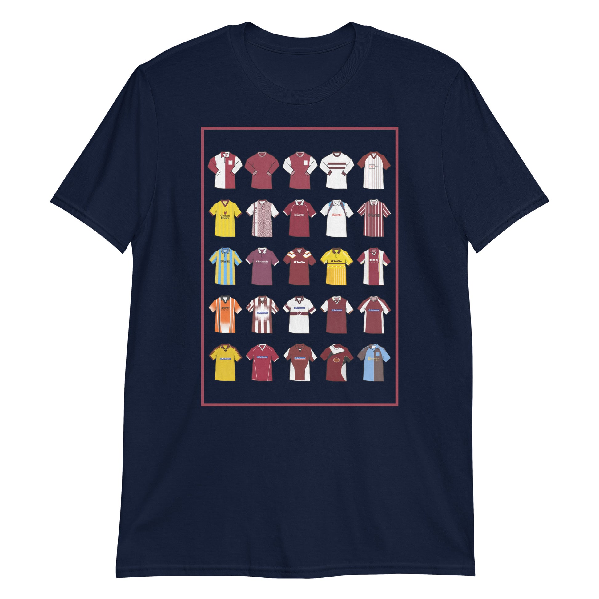 This T-shirt design draws inspiration from Northampton Town FC’s iconic football shirts, featuring bold claret and white elements with a modern twist. With vintage jersey patterns and textured details, it pays tribute to the Cobblers’ proud heritage and enduring legacy. A perfect blend of classic football culture and fresh, contemporary style—made for true Northampton Town fans