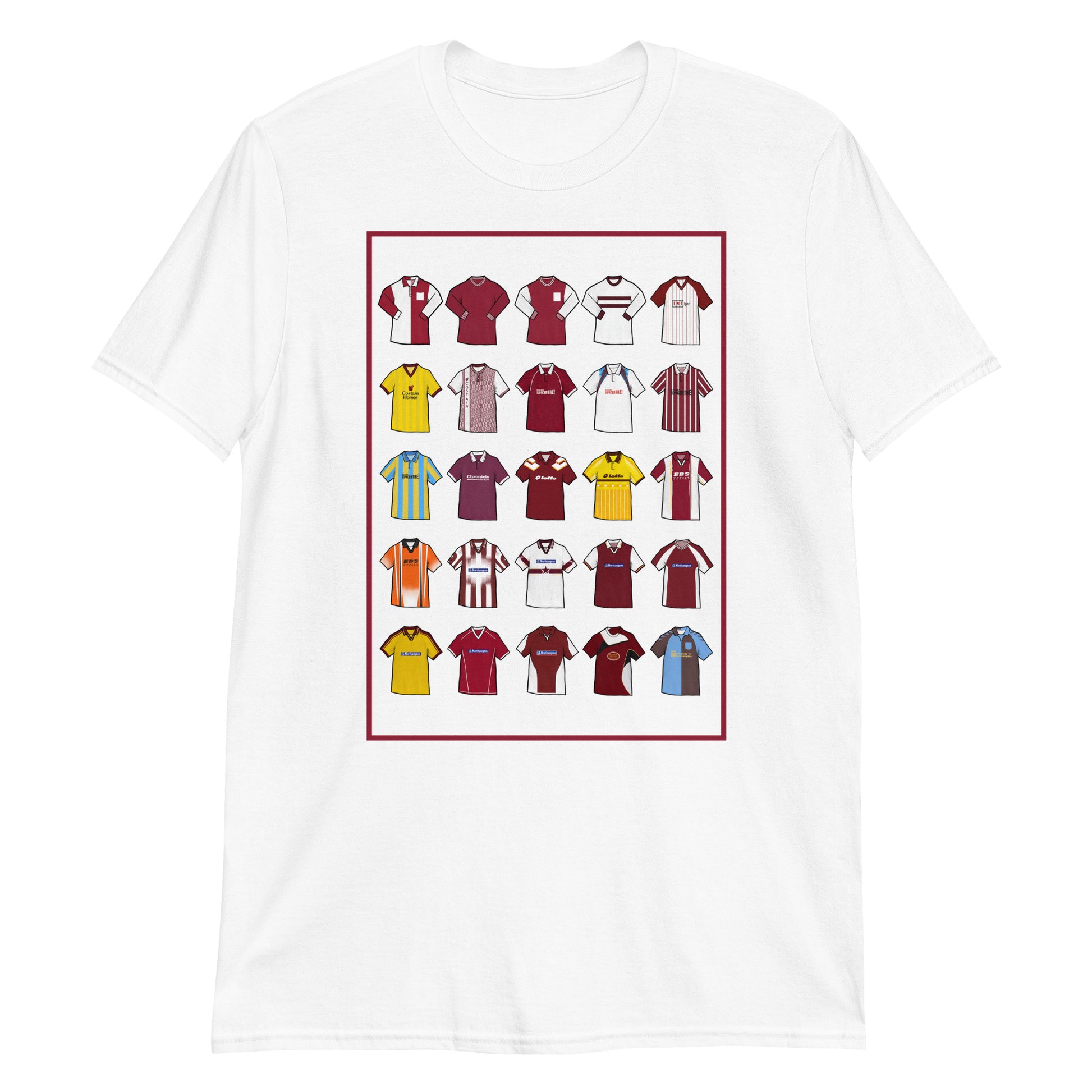 This T-shirt design draws inspiration from Northampton Town FC’s iconic football shirts, featuring bold claret and white elements with a modern twist. With vintage jersey patterns and textured details, it pays tribute to the Cobblers’ proud heritage and enduring legacy. A perfect blend of classic football culture and fresh, contemporary style—made for true Northampton Town fans