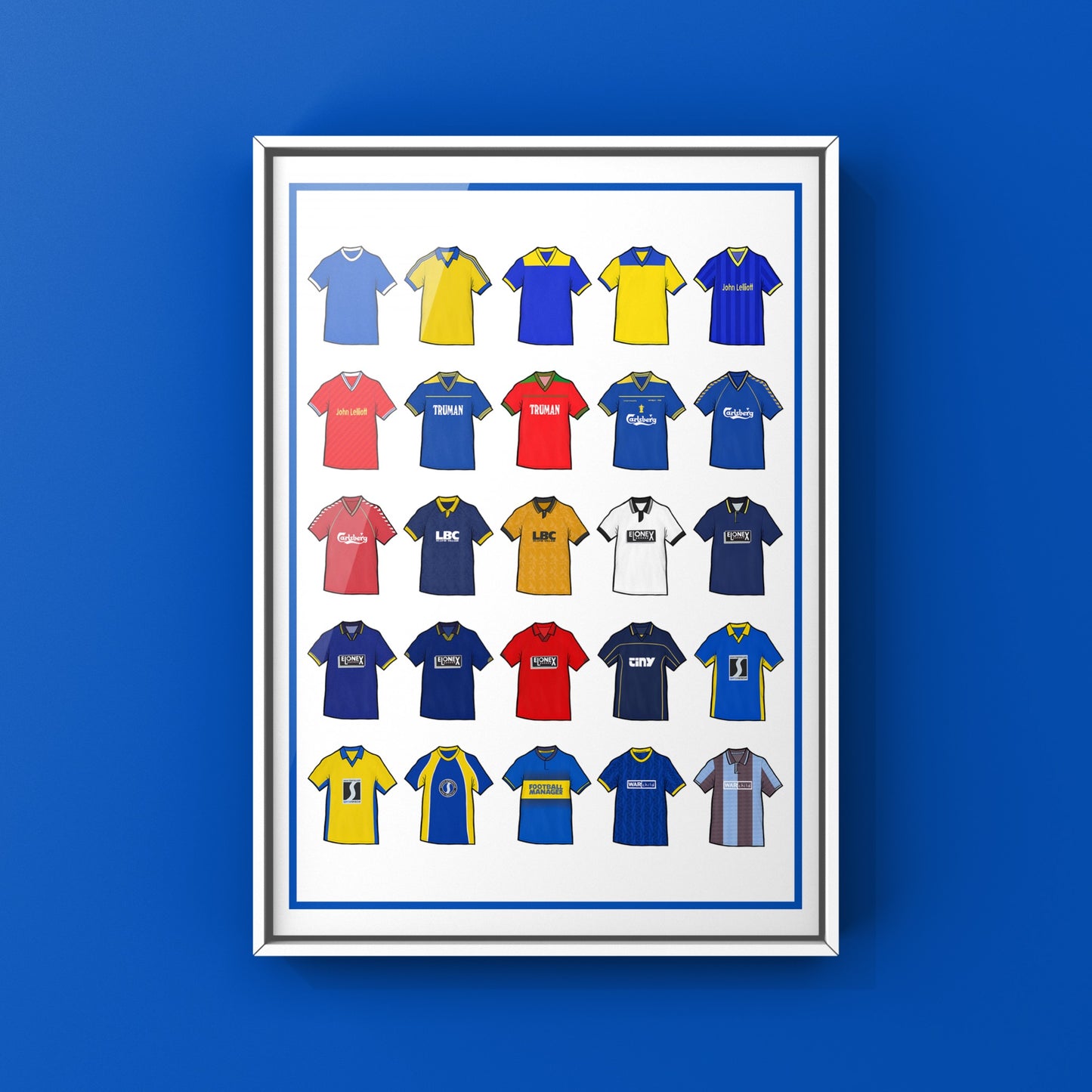 Wimbledon FC Retro Shirts Art Print featuring 25 hand-drawn classic football shirts, showcasing the club’s most iconic kits through the years. A tribute to the Dons’ proud history and unique footballing journey, captured in detailed, vintage-inspired illustrations
