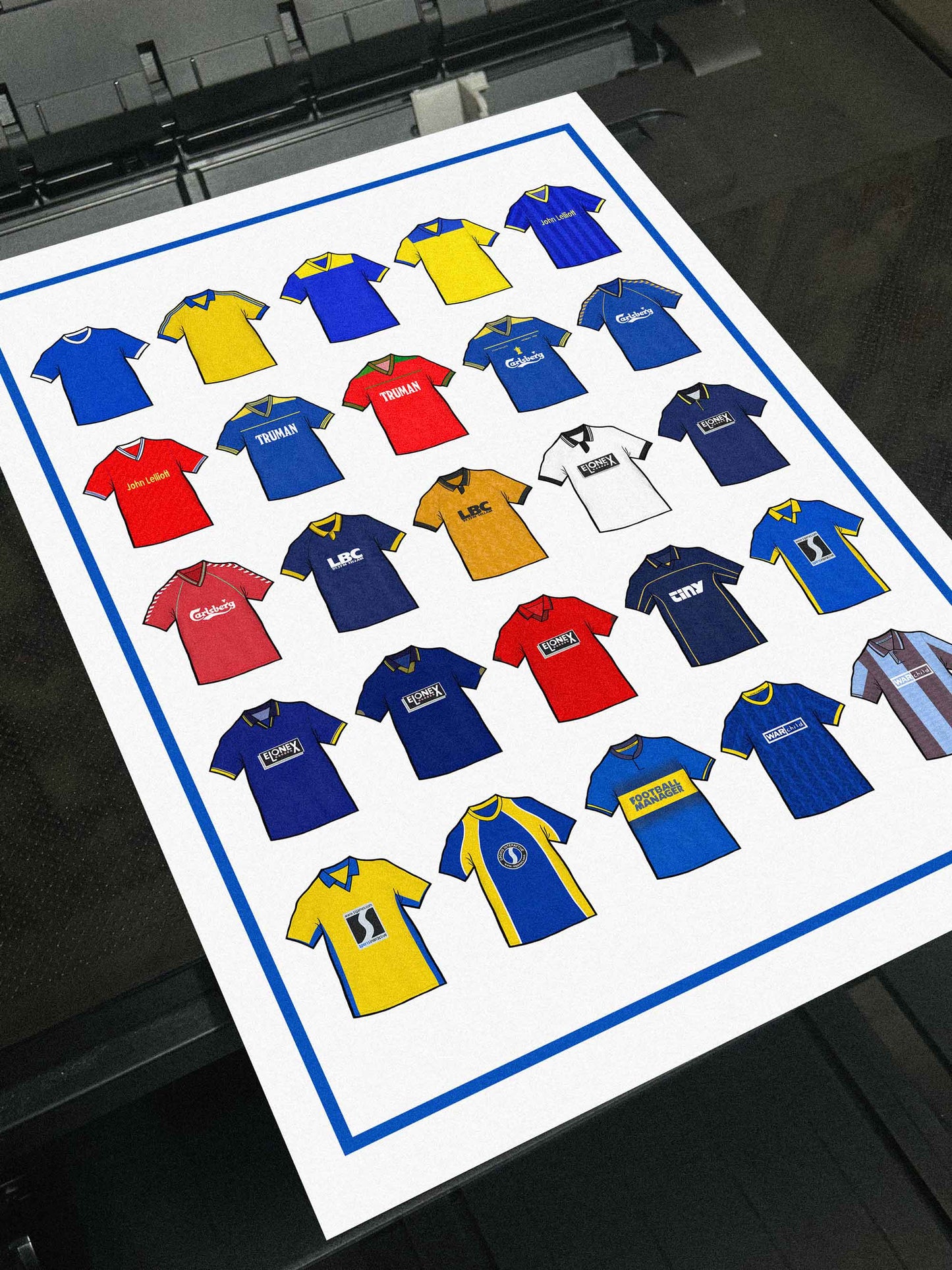 Wimbledon FC Retro Shirts Art Print featuring 25 hand-drawn classic football shirts, showcasing the club’s most iconic kits through the years. A tribute to the Dons’ proud history and unique footballing journey, captured in detailed, vintage-inspired illustrations
