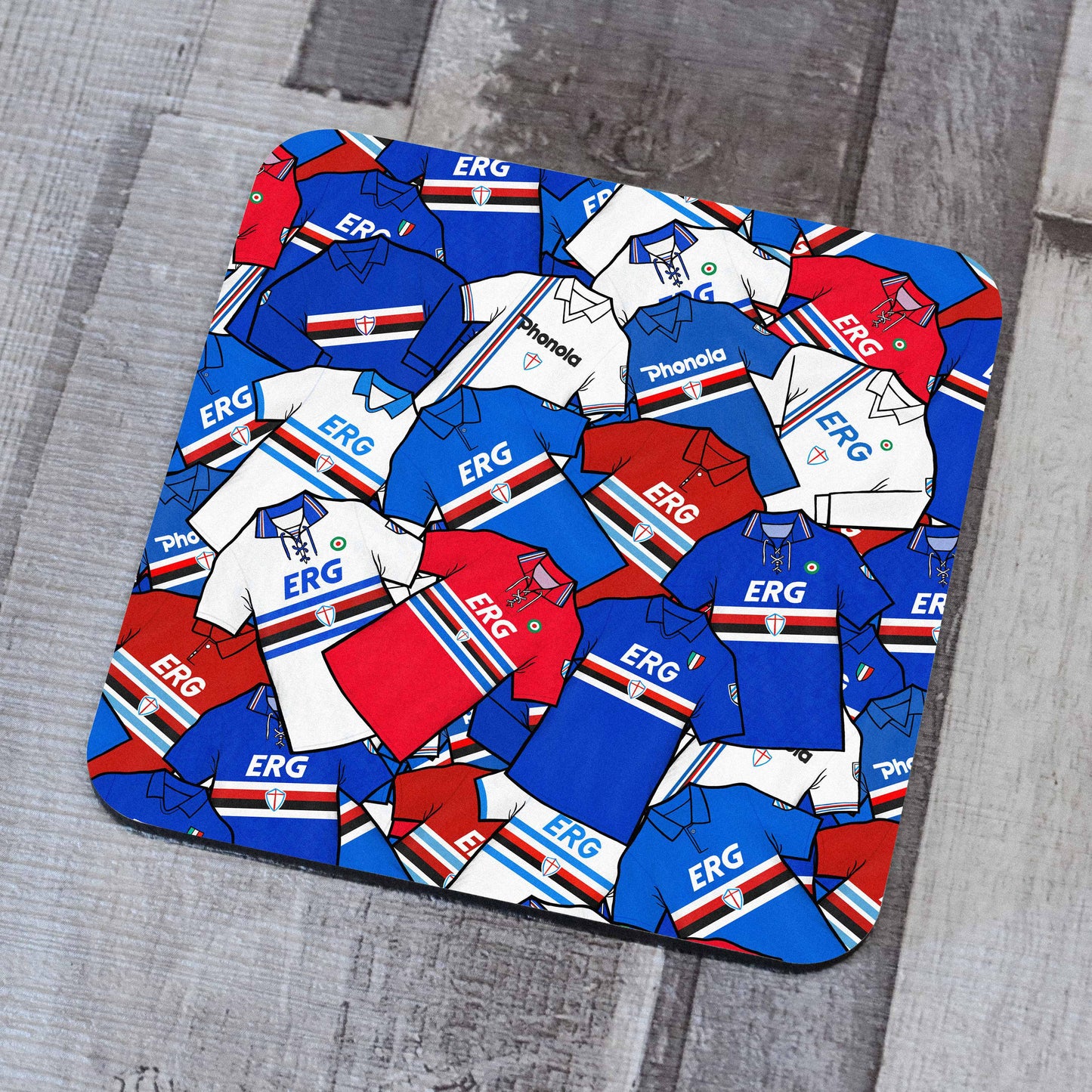 Football artwork inspired by the UC Sampdoria classics of the past on a cork backed coaster, ideal for drinkware!