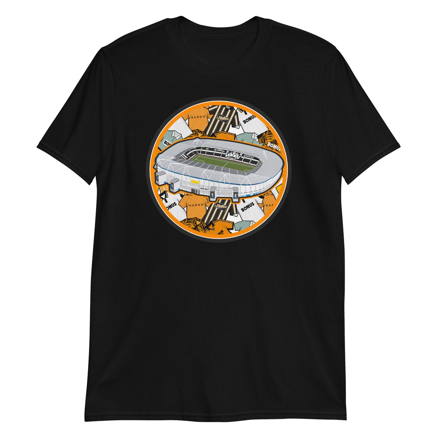 Black T-shirt inspired by the home of Hull City Football Club. Artwork of retro themed background, with the MKM Stadium illustrated on the front!
