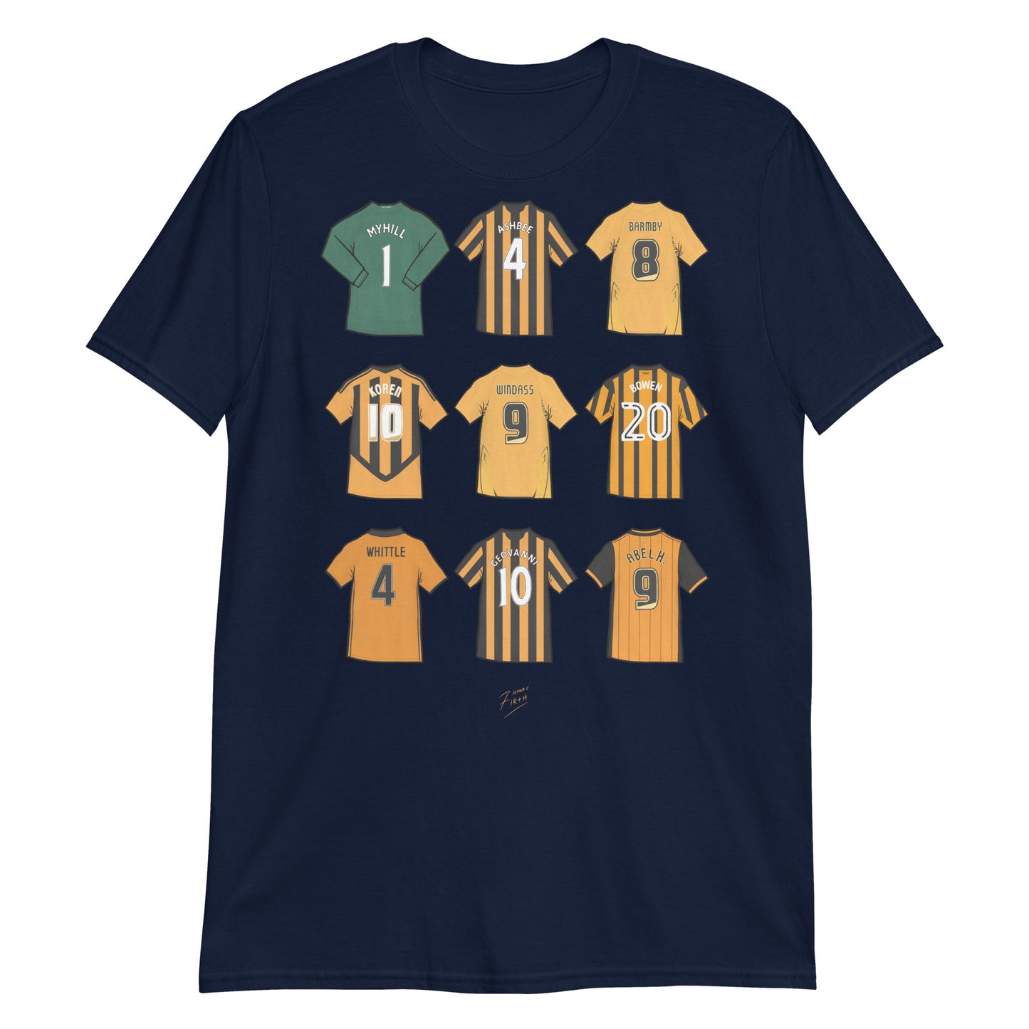 Navy Blue Hull Legends of the Tigers Illustrated Football Themed T-Shirt. Legends such as Myhill, Ashbee, Barmby, Koren, Windass, Bowen, Whittle, Geovanni & Abel Hernandez