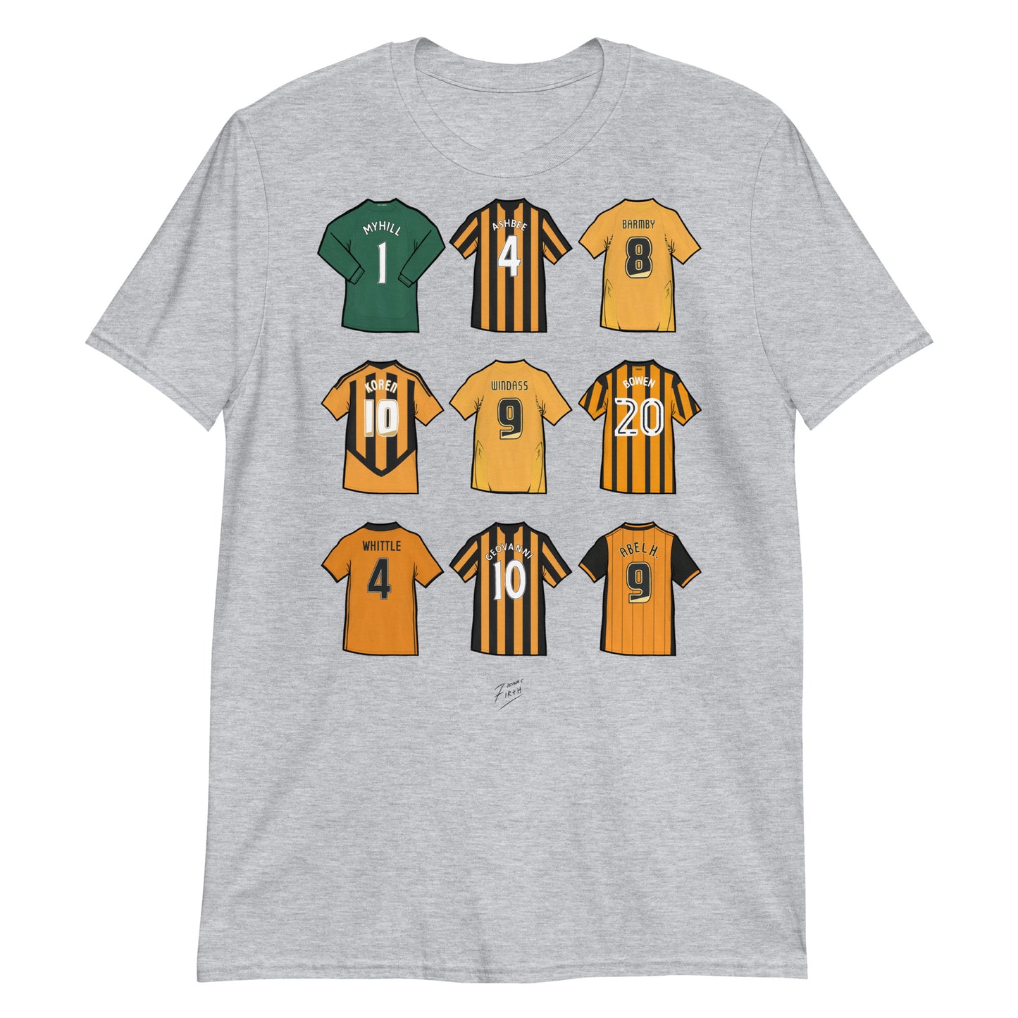 Grey Hull Legends of the Tigers Illustrated Football Themed T-Shirt. Legends such as Myhill, Ashbee, Barmby, Koren, Windass, Bowen, Whittle, Geovanni & Abel Hernandez